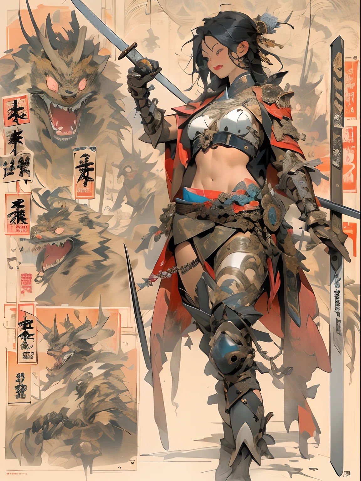 (((woman))), (((best qualityer))), (((tmasterpiece))), (((AS-Adult))), ((( Japanese ))), Look up from your knees, A beautiful asian samurai woman with perfect body, Modern samurai, ((( Asian))), Wear gloves on your hands，The left arm is made of steel and metal tips，Made of protective devices, The eyes are pulled, (( Appears below the breast )), (( Small dental floss )), Simon Bisley, Almost naked（Simon Bisley）Castle City Wilderness，For high-resolution posters, hair straight, Minimum clothing, armure (Crazy clothes ), Full of tips and rivets, tribal tattoos, (((full bodyesbian))), Straight brunette hair，Colored hair ends