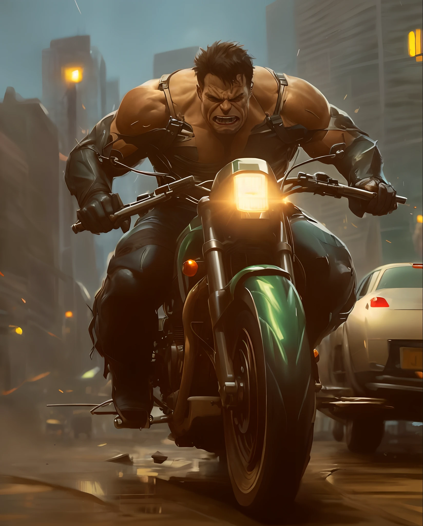 Hulk pilotando uma HARLEY DAVIDSON na chuva em uma rua da cidade, Wojtek FUS, O Hulk, Directed by: Rudy Siswanto, Arte conceitual da Marvel, Hulk, Retrato do Hulk, Incredible hulk, epic comic book art, Desmedido, Hulkish, inspirado em Rudy Siswanto, Directed by: Marek Okon, Arte Marvel, James Estilo de pintura Gurney ,64k