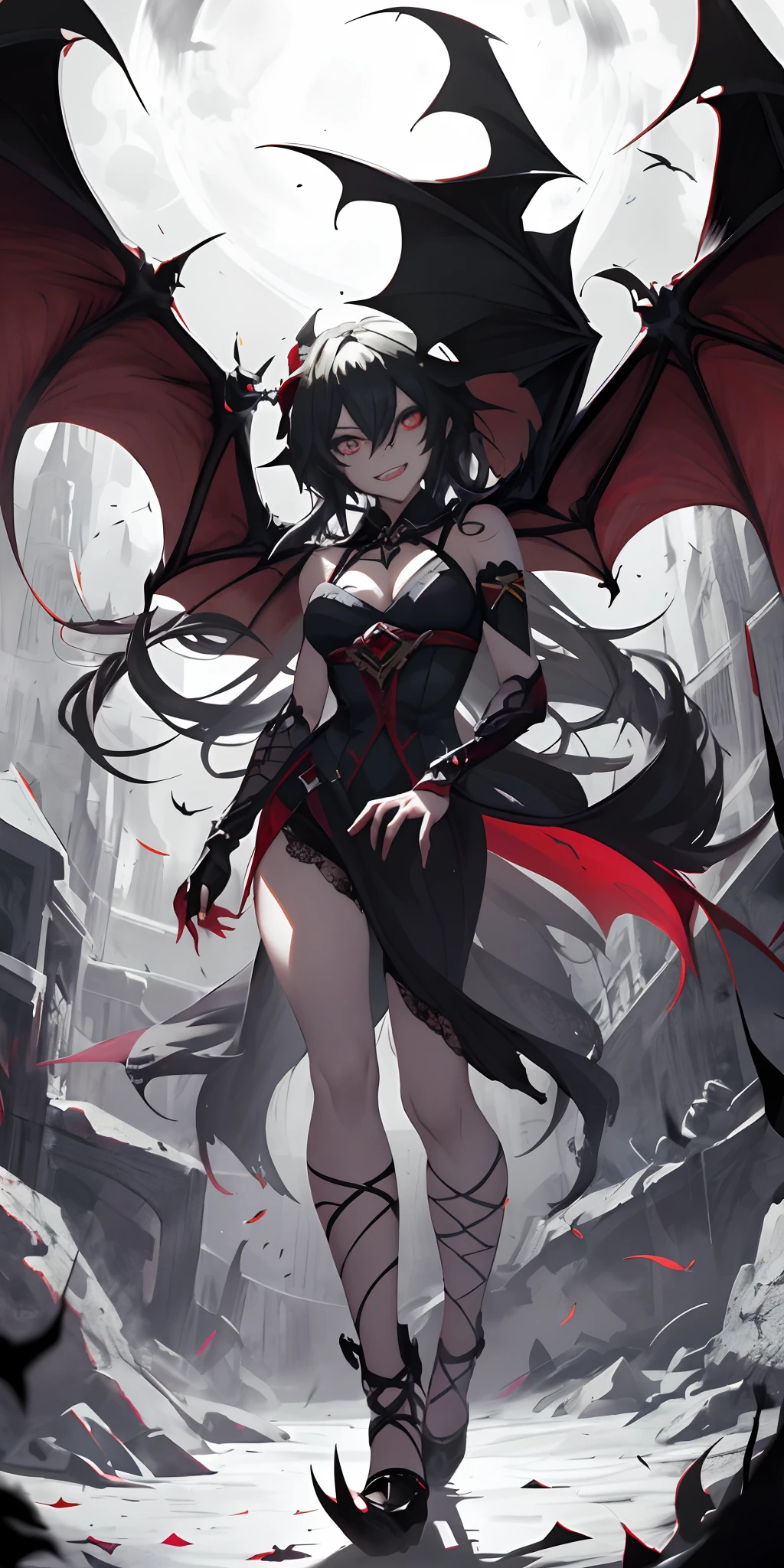 red eyes,Vampire teeth fangs,Clumsy face,Bleeding from the mouth,pervert smirk,Bat wings,Scary smile,Psychotic smirk,Psychopathic smile,fearsome,Mouth opem,Angry eyes,Vampires,Dark hall background,red colour+blue colors+green color,Sexy lace dress,full of seduction,Sexual suggestiveness,Expose the thighs,Milky white liquid
