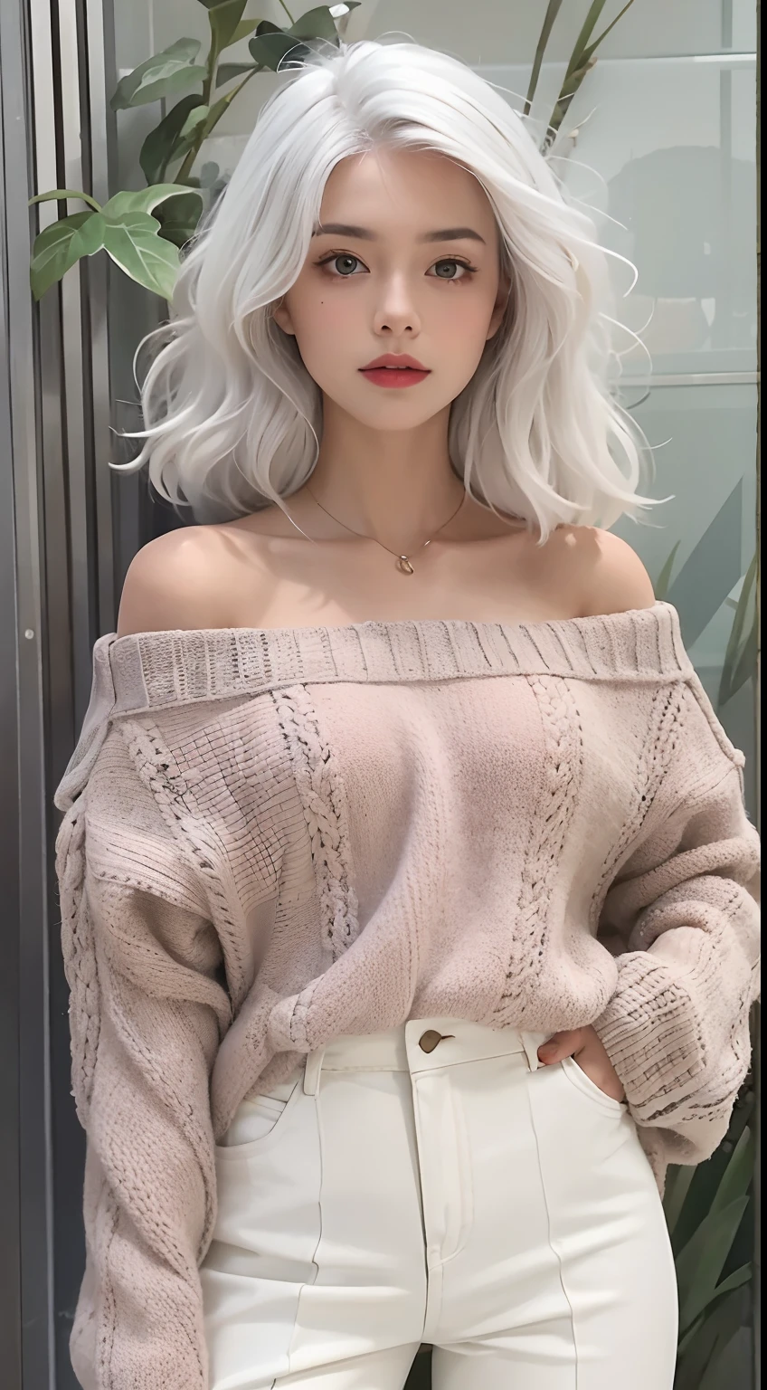 Medium Shot Shot, A beautiful woman looks at the camera, White hair, Chris Foss autumn off-the-shoulder sweater