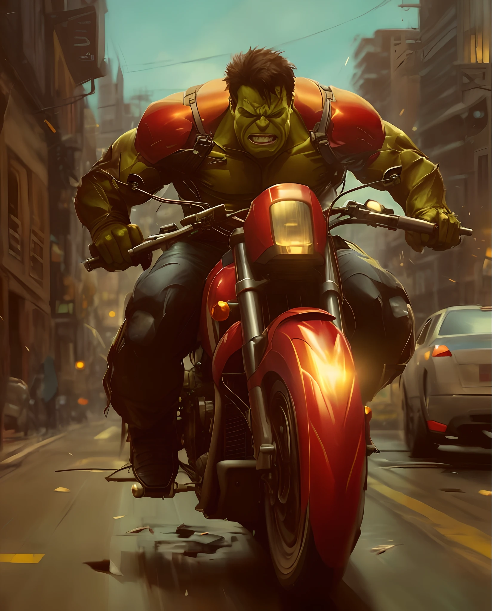 Hulk pilotando uma HARLEY DAVIDSON na chuva em uma rua da cidade, Wojtek FUS, O Hulk, Directed by: Rudy Siswanto, Arte conceitual da Marvel, Hulk, Retrato do Hulk, Incredible hulk, epic comic book art, Desmedido, Hulkish, inspirado em Rudy Siswanto, Directed by: Marek Okon, Arte Marvel, James Estilo de pintura Gurney ,64k