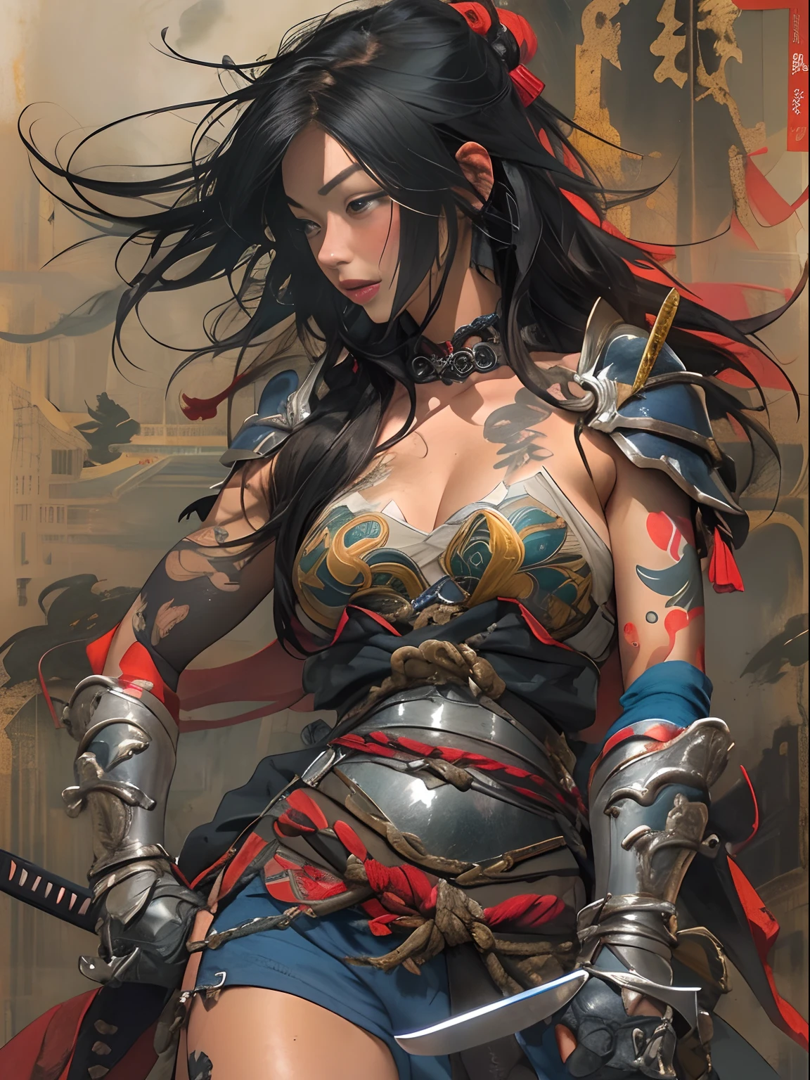 (((woman))), (((best qualityer))), (((tmasterpiece))), (((AS-Adult))), ((( Japanese ))), Look up from your knees, A beautiful asian samurai woman with perfect body, Modern samurai, ((( Asian))), Wear gloves on your hands,The left arm is made of steel and metal tips,Made of protective devices, The eyes are pulled, (( Appears below the breast )), (( Small dental floss )), Simon Bisley, Almost naked(Simon Bisley)Castle City Wilderness,For high-resolution posters, hair straight, Minimum clothing, armure (Crazy clothes ), Full of tips and rivets, tribal tattoos, (((full bodyesbian))), Straight brunette hair,Colored hair ends