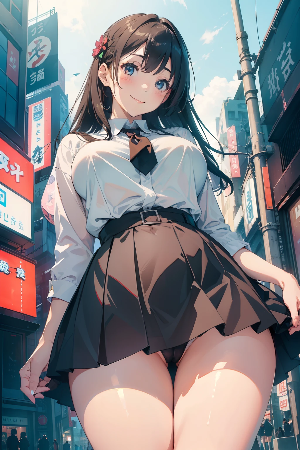 beautiful and clear background, master piece, best quality,
low angle shot, from below, depth of field,
(((1 girl, looking down at viewer, thighs focus))), aroused smile, large breasts, skirt, 
city, shibuya