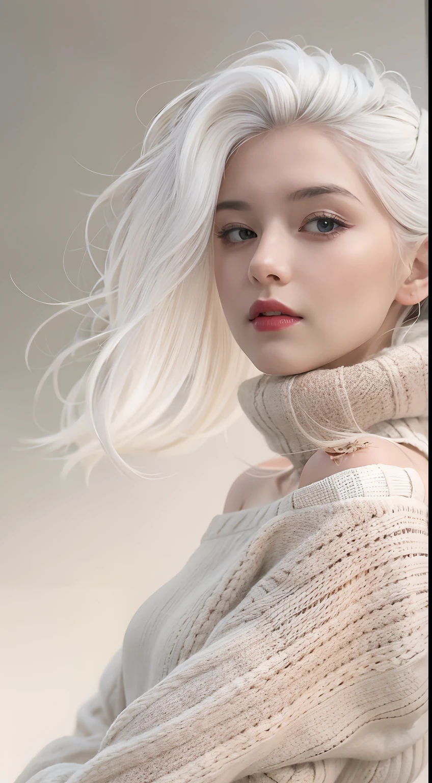 Medium Shot Shot, A beautiful woman looks at the camera, White hair, Chris Foss autumn off-the-shoulder sweater