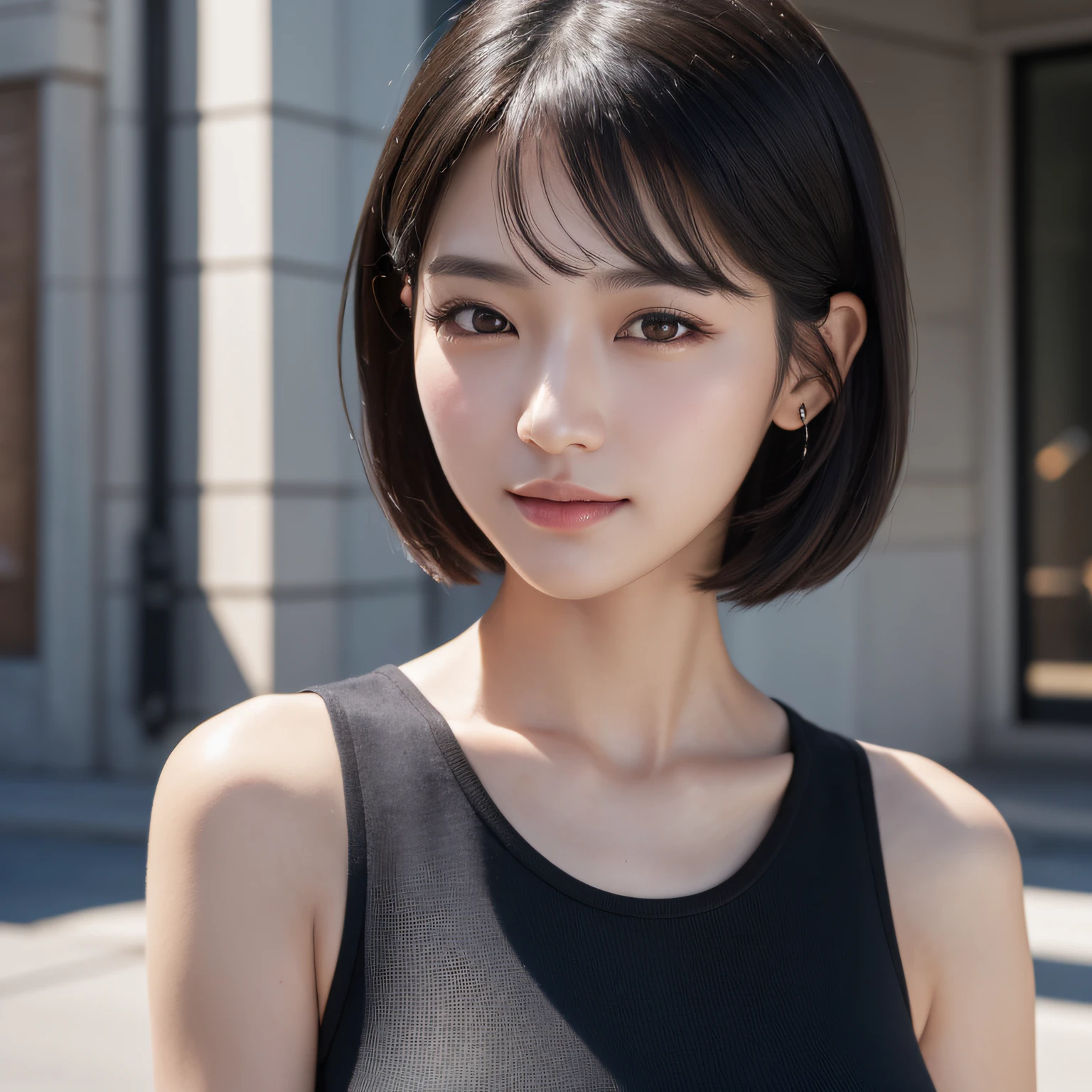 1 girl, short black hair, brown eyes, style fashion clothes, city, absurdess, high res, ultrasharp, 8K, masterpiece, looking at viewer, full body shot, nationality Korean, smiling sexy, with a prada handbag, high resolution, fine detail, face line, (Realistic, Photorealistic: 1.37), Professional lighting, Photon mapping, Radiosity, Physically Based Rendering, Rich Detail, (Fine Face),(Fine Eyes), (Clear Face), (Detailed Face Description), (Detailed Hand Description), Extreme Light and Shadow, Shiny Skin,