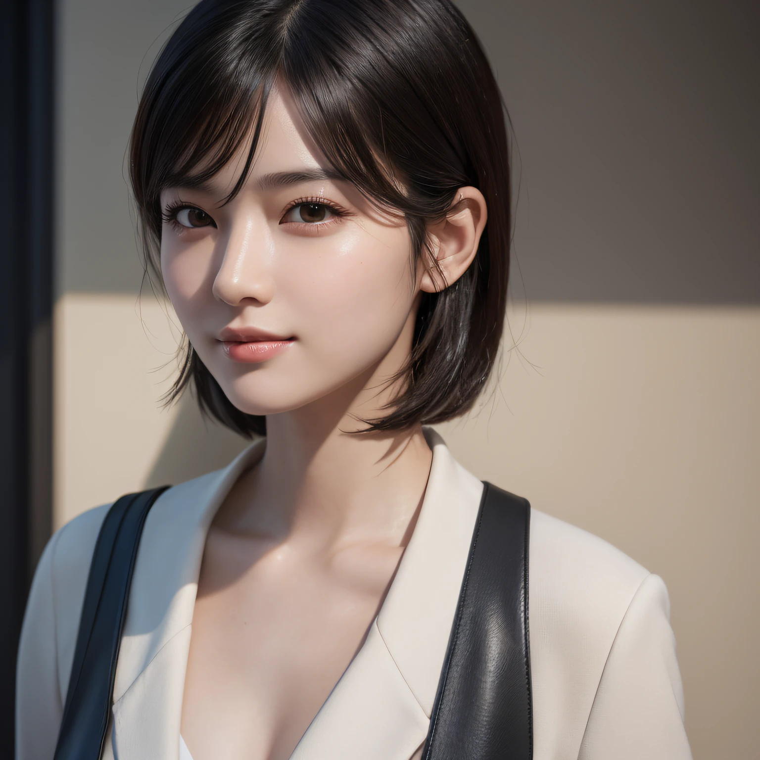 1 girl, short black hair, brown eyes, style fashion clothes, city, absurdess, high res, ultrasharp, 8K, masterpiece, looking at viewer, full body shot, nationality Korean, smiling sexy, with a prada handbag, high resolution, fine detail, face line, (Realistic, Photorealistic: 1.37), Professional lighting, Photon mapping, Radiosity, Physically Based Rendering, Rich Detail, (Fine Face),(Fine Eyes), (Clear Face), (Detailed Face Description), (Detailed Hand Description), Extreme Light and Shadow, Shiny Skin,