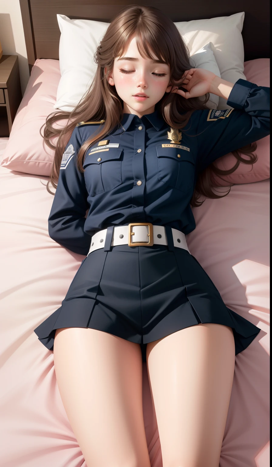 Sleeping Girl, 20 years old, Realistic,Wearing a police uniform,Open legs, Expressions of satisfaction and relief, Brown hair. Pink bed theme and some cute stuffed animals on the bed,An ultra-high picture quality,high-detail,Get up,