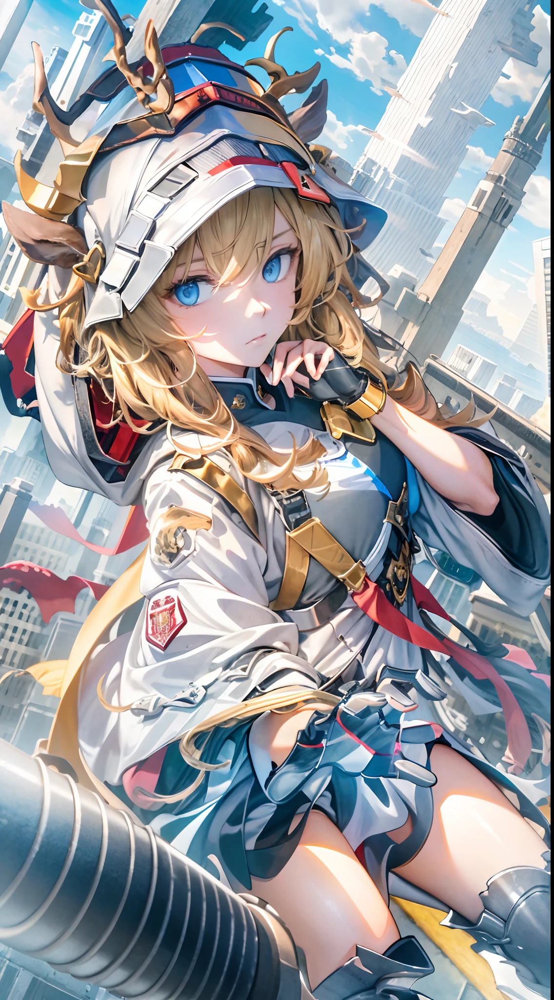 (((Masterpiece))),(incredibly_absurderes),(Best quality),(A high resolution),(Highly detailed),((CG unity 8k wallpaper))，from the above， 1girll， 独奏， advertising billboard， blue color eyes， Golden hair， build， 城市， mostly cloudy sky， Manteau， Boots， The crane\（makina\）， Dutch angle， From the side Side， Shallow frown， looking at viewert， exteriors， the roof， Skysky， skyscrapper