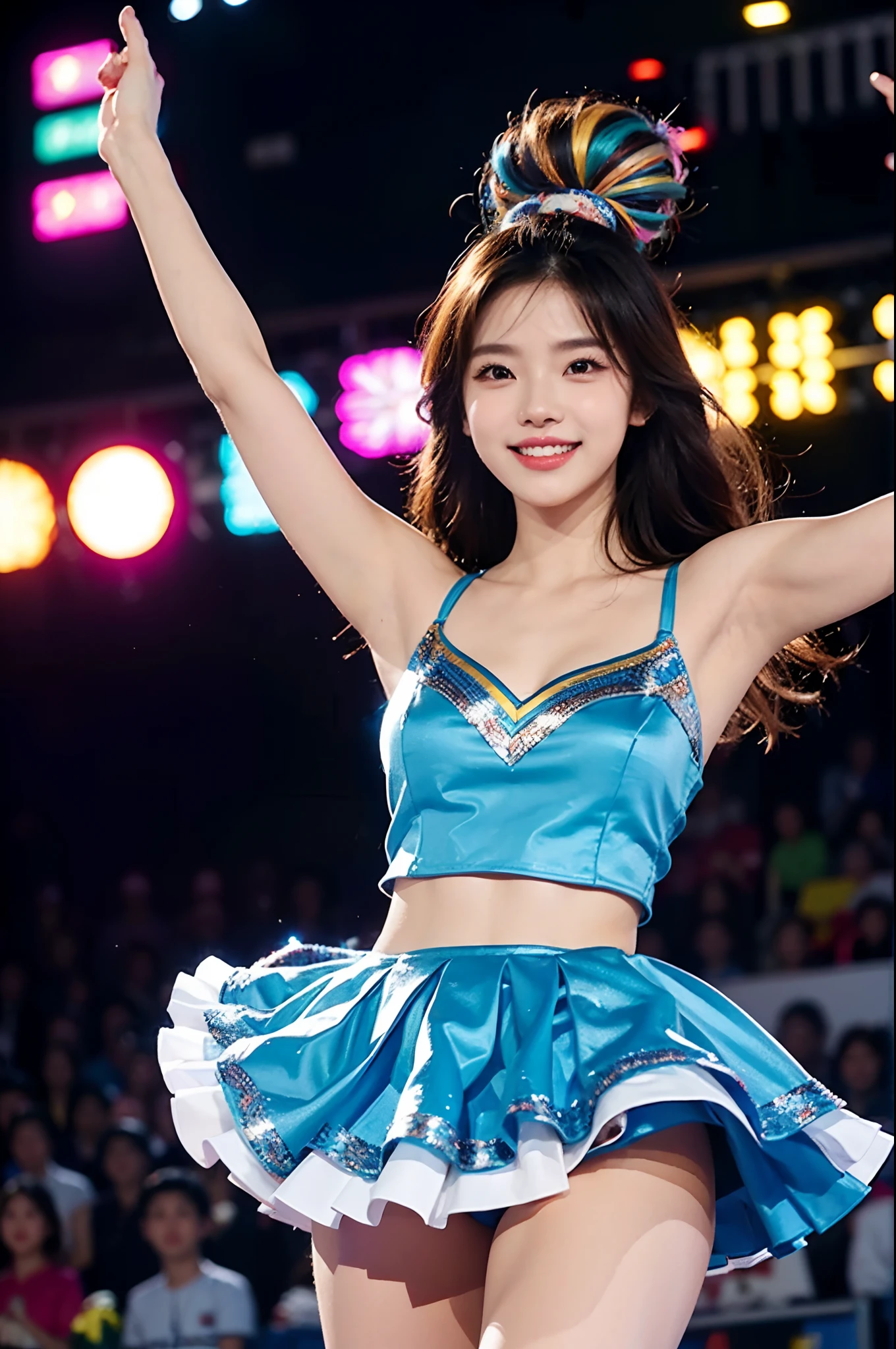 Beautiful Korean idol cheerleader
posters,Painting,high resolution,Ultra-detailed,Realistic:1.37,Vivid colors,hdr,Studio lighting,Sharp focus,
Dance energetically,Smiling happily,Perfect makeup,Stunning costumes,
crowd cheering,exciting atmosphere,dynamicposes,Expressive movements,
Beautiful hair,Sparkling eyes,rosycheeks,full pouty lips,
Colorful pompoms,Flying confetti,Glowing spotlights,
Engaging performance,Spirited cheers,Unforgettable memories