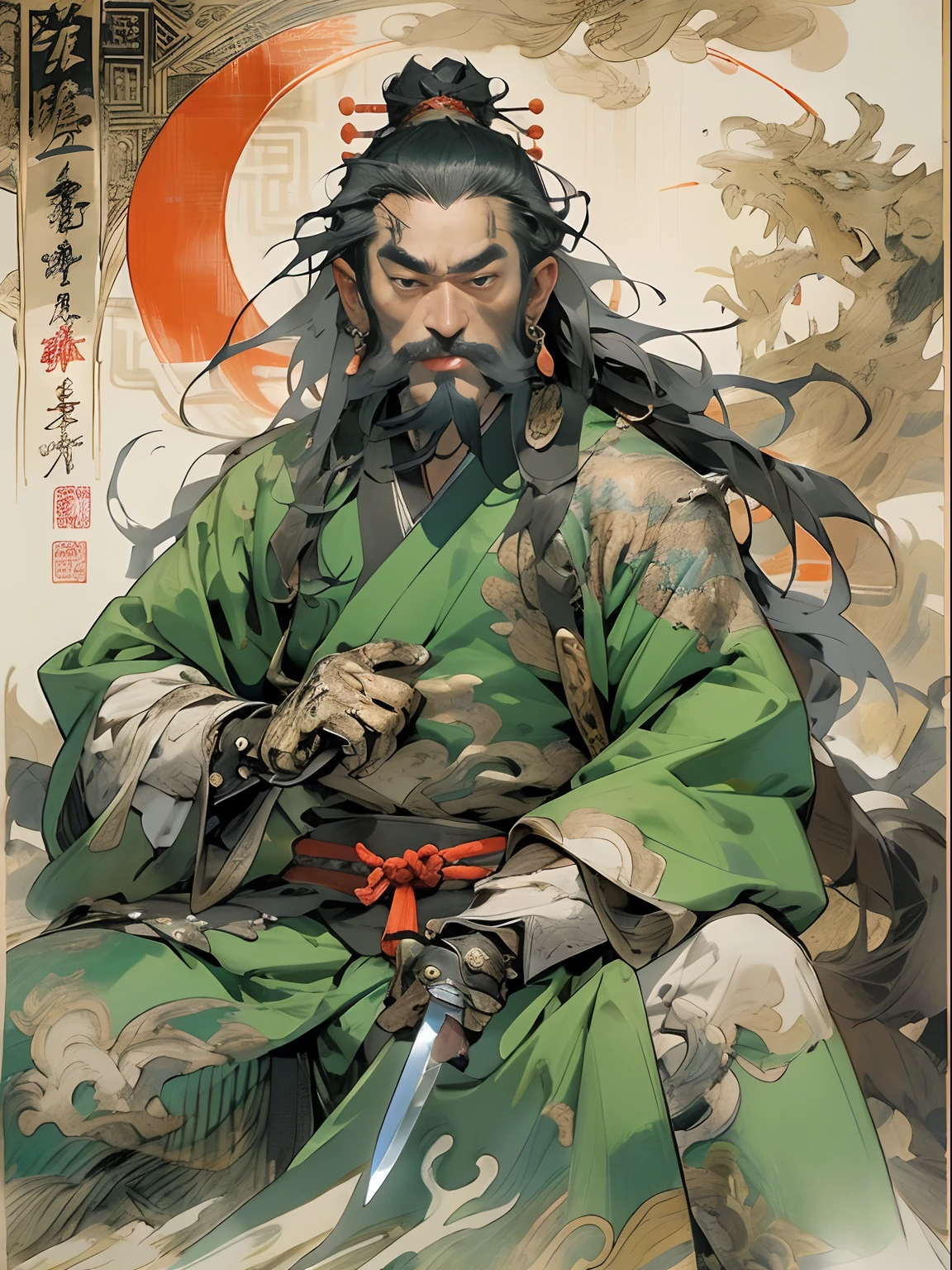 (((China-style,Ink painting method,Half-length portrait,Intense color,Han dynasty, China,Hanfu,Armor,Guan yu,Guan Yunchang,of a guy,Ruddy killing square face,Hold it with your right hand(Close the knife)Qinglong Weir Moon Knife,Stroke your beard with your left hand,Long hair,petty eyes,Green robe))), (((best qualityer))), (((tmasterpiece))), (((AS-Adult))), ((( Japanese ))), Look up from your knees, Handsome Asian samurai,perfect body figure, Modern samurai, ((( Asian))), Wear gloves on your hands,The left arm is made of steel and metal tips,Made of protective devices, The eyes are pulled, (( Appears below the chest )), (( Small dental floss )), Simon Bisley, Almost naked(Simon Bisley)Castle City Wilderness,For high-resolution posters, hair straight, Minimum clothing, armure (Crazy clothes ), Full of tips and rivets, tribal tattoos, (((full bodyesbian))), Straight brunette hair,Colored hair ends