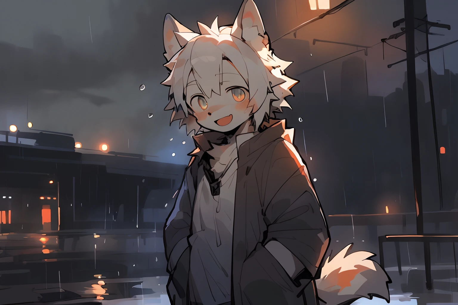 masterpiece, best quality, perfect ???????, bright eyes, watery eyes, by milkytiger1145, by k0bit0wani, furry, wolf, (felis:0.25), male, solo, baggy clothing, (open smile:1.1), gentle, looking at viewer, train station, rain, (waterdrop:0.9), grey sky, raining, (fog:0.4)，by Pino Daeni, canyne khai, milkytiger1145, Dagasi, Yupa，