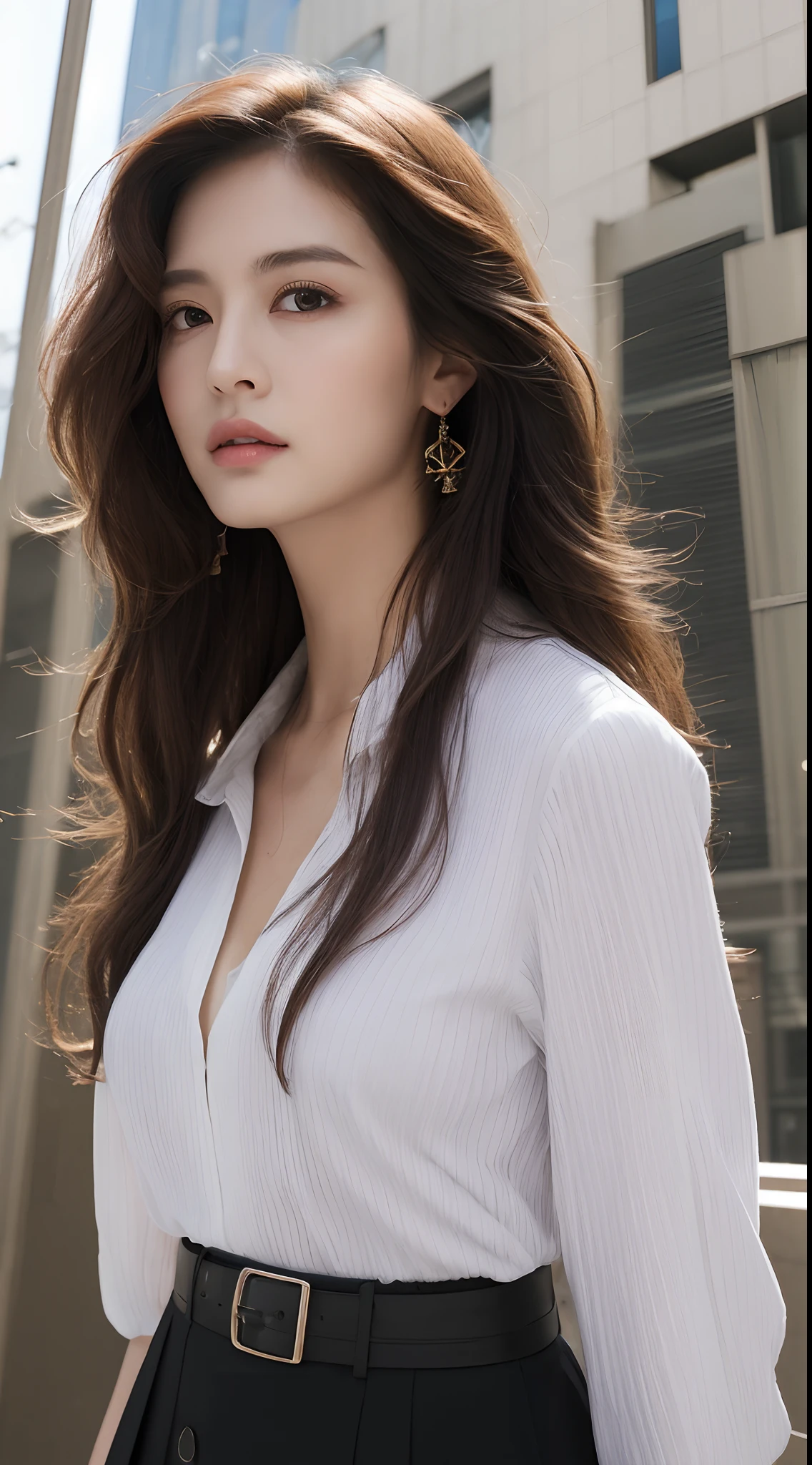 (Best quality, High resolution, Masterpiece :1.3), A tall and pretty woman, Slender abs, Dark brown hair styled in loose waves, Breasts, Wearing pendant, White button up shirt, Belt, Black skirt, (Modern architecture in background), Details exquisitely rendered in the face and skin texture, Detailed eyes, Double eyelid