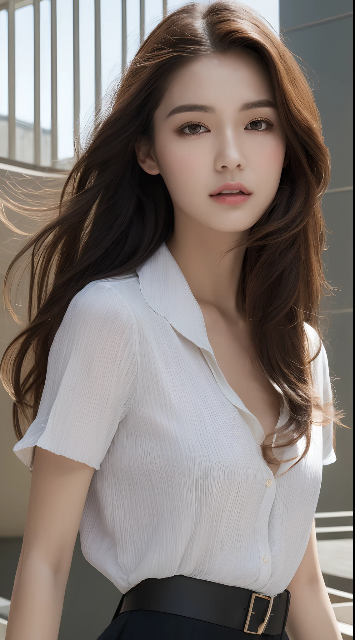 Innocent 18 year old girl、((White T-shirt, small black pleated skirt,Black High Heels,I can see the shape of big breasts,thigh visible,I almost saw my panties.,Dramatic poses)),Crisp eyes,face with high quality,Smile,Twin-tailed,Curly hair,Background of Western-style buildings、Wooden wall background、Raw photo, (8K、top-quality、masterpiece:1.2)、(intricate detailes:1.4)、(Photorealsitic:1.4)、octane renderings、Complex 3D rendering ultra detail, Studio Soft Light, Rim Lights, vibrant detail, super detailing, realistic skin textures, Detail Face, Beautiful detail eyes, Very detailed CG Unity 16k wallpaper, make - up, (detailedbackground:1.2), shinny skin, Full body、((From head to thigh)),((Shot from below))