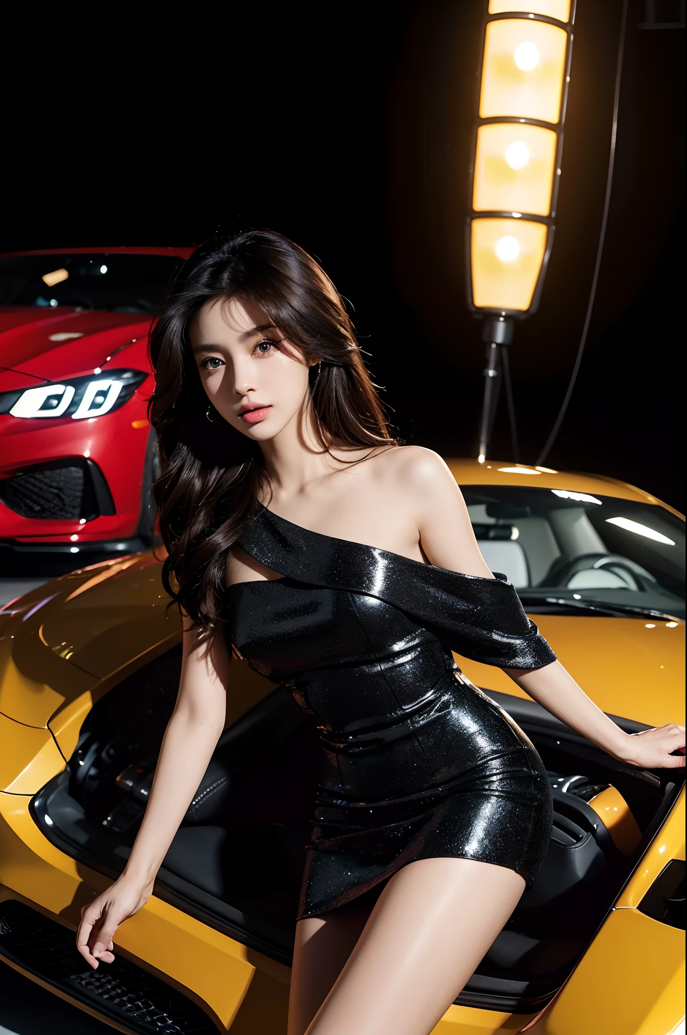 beautiful young korean girl, leaning against luxury car, standing, fullbody shot, night city background, scantily dressed, sexy clothes, detailed face, piercing eyes, glossy lips, long eyelashes, elegant pose, glowing skin, intricate details, realistic lighting, cinematic atmosphere, vibrant colors, neon lights, photorealistic, (best quality,4k,8k,highres,masterpiece:1.2),ultra-detailed,(realistic,photorealistic,photo-realistic:1.37)