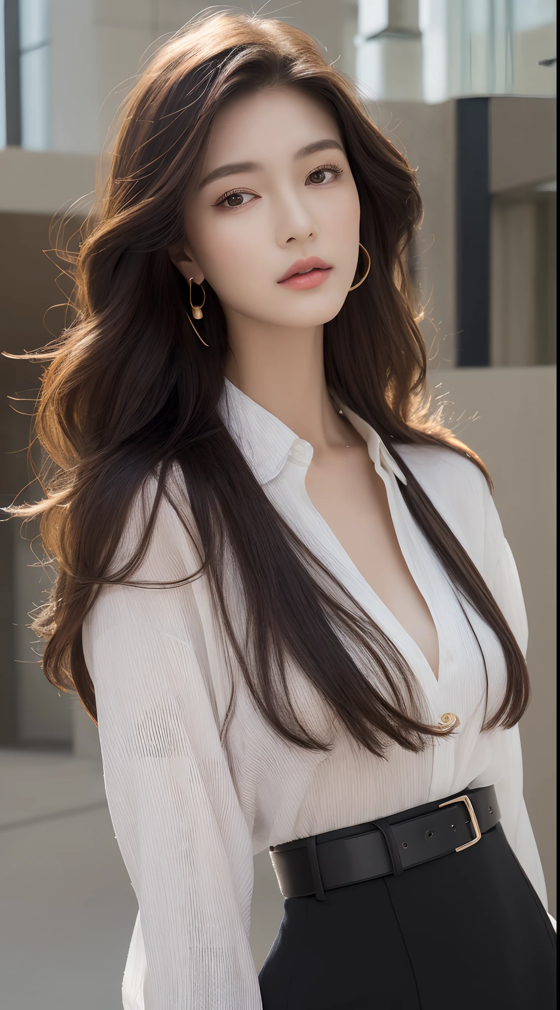 (Best quality, High resolution, Masterpiece :1.3), A tall and pretty woman, Slender abs, Dark brown hair styled in loose waves, Breasts, Wearing pendant, White button up shirt, Belt, Black skirt, (Modern architecture in background), Details exquisitely rendered in the face and skin texture, Detailed eyes, Double eyelid