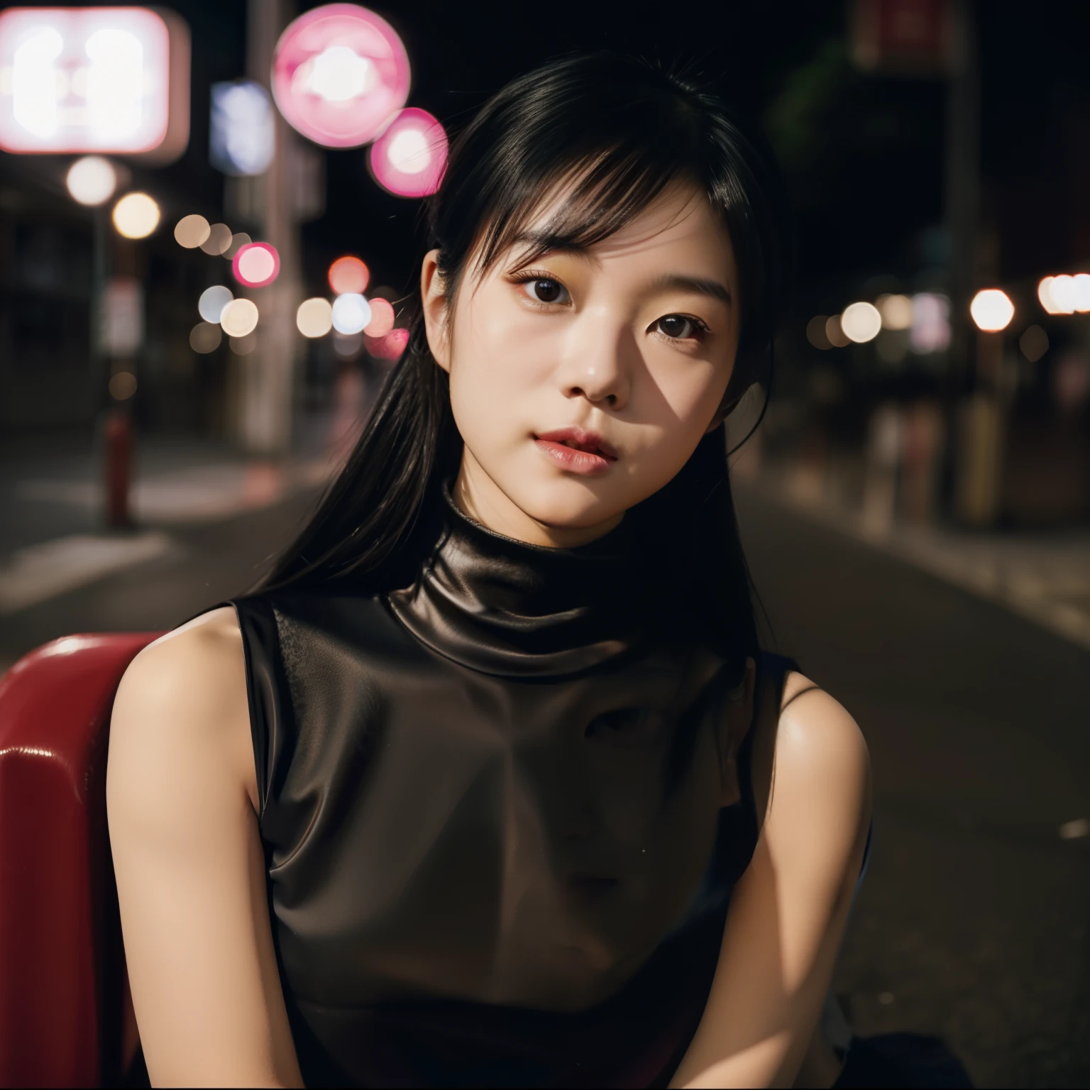18-year-old schoolgirl,cute female student,beautiful teenage girl,Delicate and beautiful girl,exquisite facial features,Portrait of the distance,8K quality,extreme hight detail,Detail portrayal,messy hair,(cute bangs),horse tailed,Flowing hair,black color hair,rosto magro,Perfectly proportioned body,slim toned body,hentail realism, Master Opus 1,Authentic texture,Cinematic lighting realism,facial feature,Supple lips,((Pure lust makeup)),Pure girl,first love,The beginning of the sinus,is shy,Be red in the face,shy,innocent expression, outside,((Real scenes on the streets)),Look at the camera,look at the viewer,((turtleneck sleeveless crop top)),((in pink)),Wrapped feeling of leather goods, (medium breasts), full body shot, wide angle