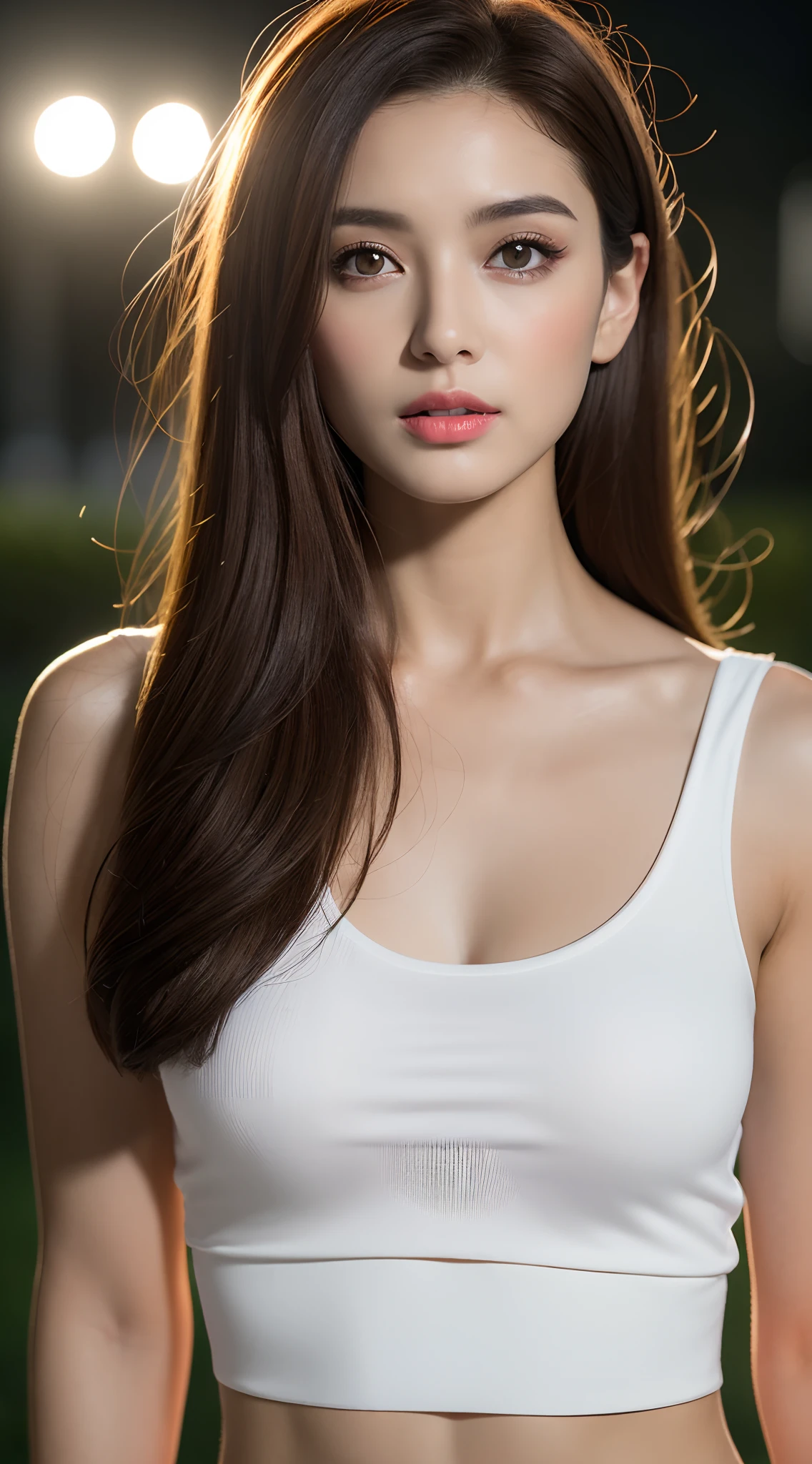 ((Realistic lighting, Best quality, 8K, Masterpiece: 1.3)), Clear focus: 1.2, 1girl, Perfect beauty: 1.4, Slim abs: 1.1, ((Dark brown hair)), (White crop top: 1.4), (Outdoor, Night: 1.1), Park view, Super fine face, Fine eyes, Double eyelids,