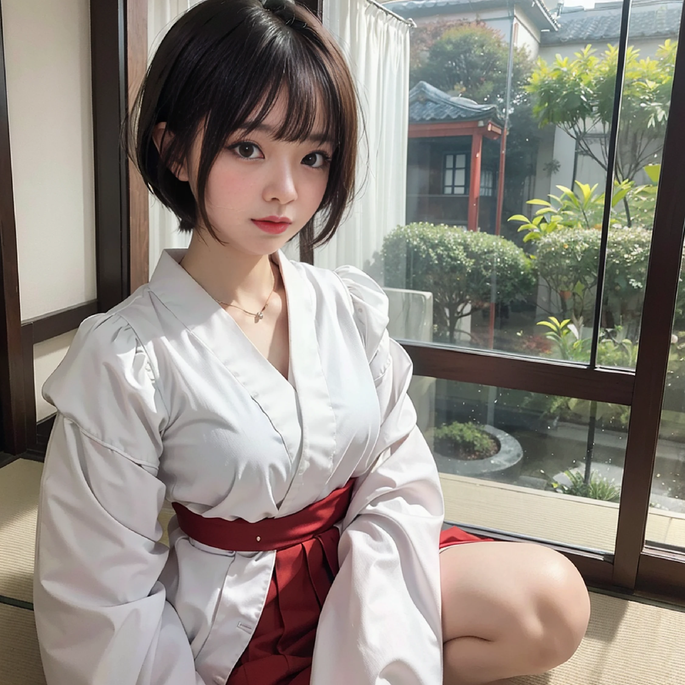 Araffe asian woman in a white kimono sitting on a window sill - SeaArt AI