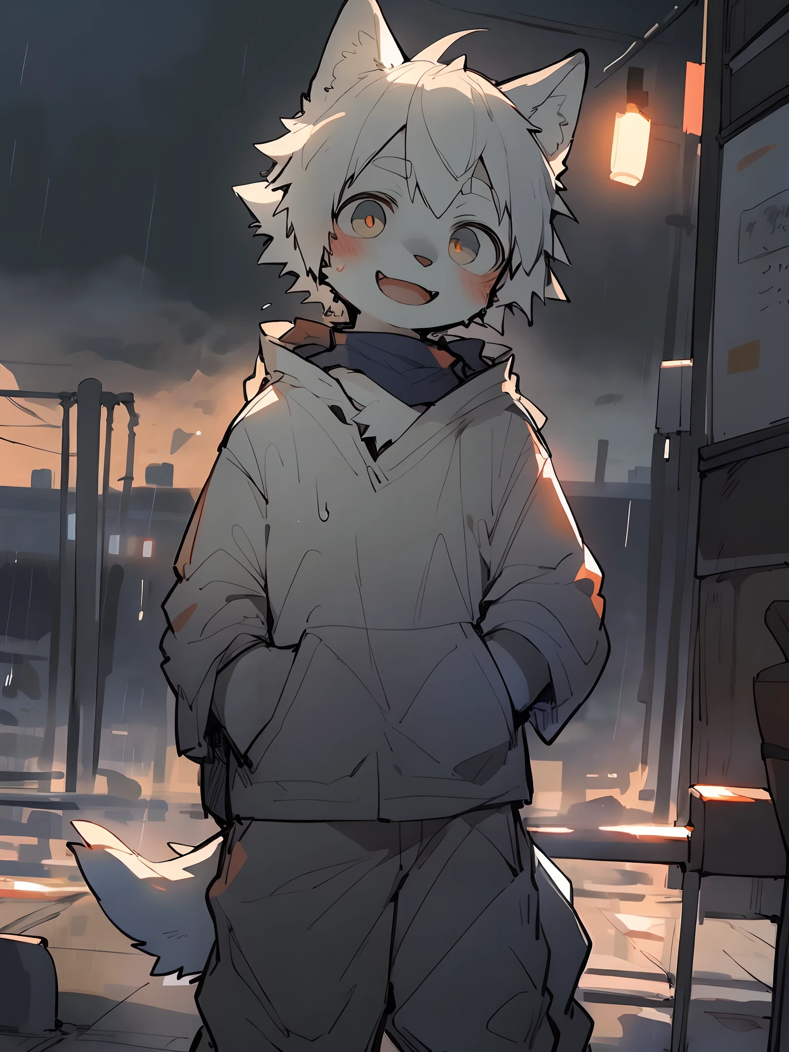 masterpiece, best quality, perfect anatomy, bright eyes, watery eyes, by milkytiger1145, by k0bit0wani, furry, wolf, (felis:0.25), male, solo, baggy clothing, (open smile:1.1), gentle, looking at viewer, train station, rain, (waterdrop:0.9), grey sky, raining, (fog:0.4)，by Pino Daeni, canyne khai, milkytiger1145, Dagasi, Yupa，