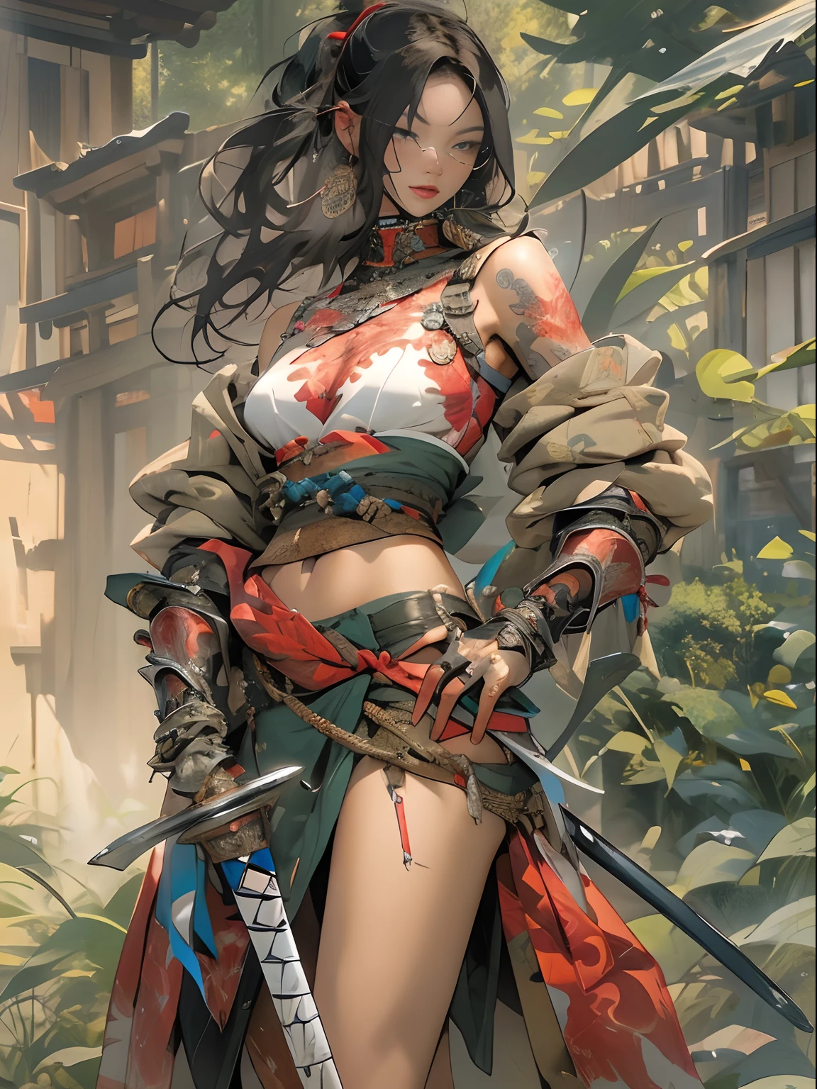 (((woman))), (((best qualityer))), (((tmasterpiece))), (((AS-))), ((( Japanese ))), Look up from your knees, A beautiful asian samurai woman with perfect body, Modern samurai, ((( Asian))), Wear gloves on your hands,The left arm made of steel and metal tipade of protective devices, The eyes are pulled, (( Appears below the )), (( Small dental floss )), Simon Bisley, Almost naked( Bisley)Castle City Wildernesor high-resolution posters, hair straight, Minimum clothing, armure (Crazy clotheull of tips and rivets, tribal tattooull bodyesbian))), Straight brunette hair,Colored hair ends