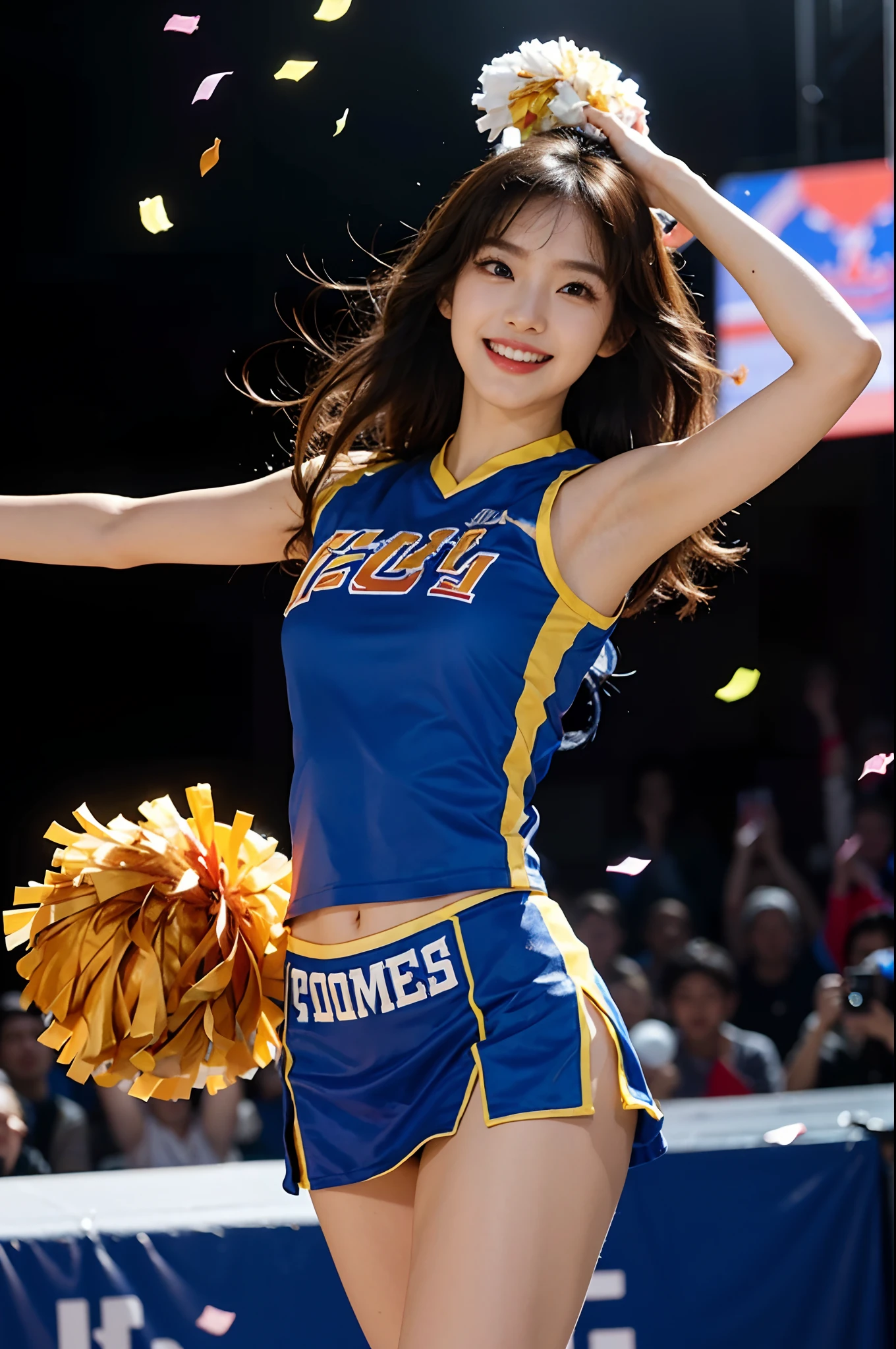 Highly detailed CG Unity 8k wallpaper, of the highest quality, super detailed, masutepiece, Realistic, Photorealistic, extremely detailed cute girl, 25 years old, (cheer girl:1.3), (Skirt:1.homme pom pom:1.1) , Smile , Parted lips, Round eyes, medium breasts, viewer, Full body, ((pantie shot)) , Beach, (Large crowds),Curve