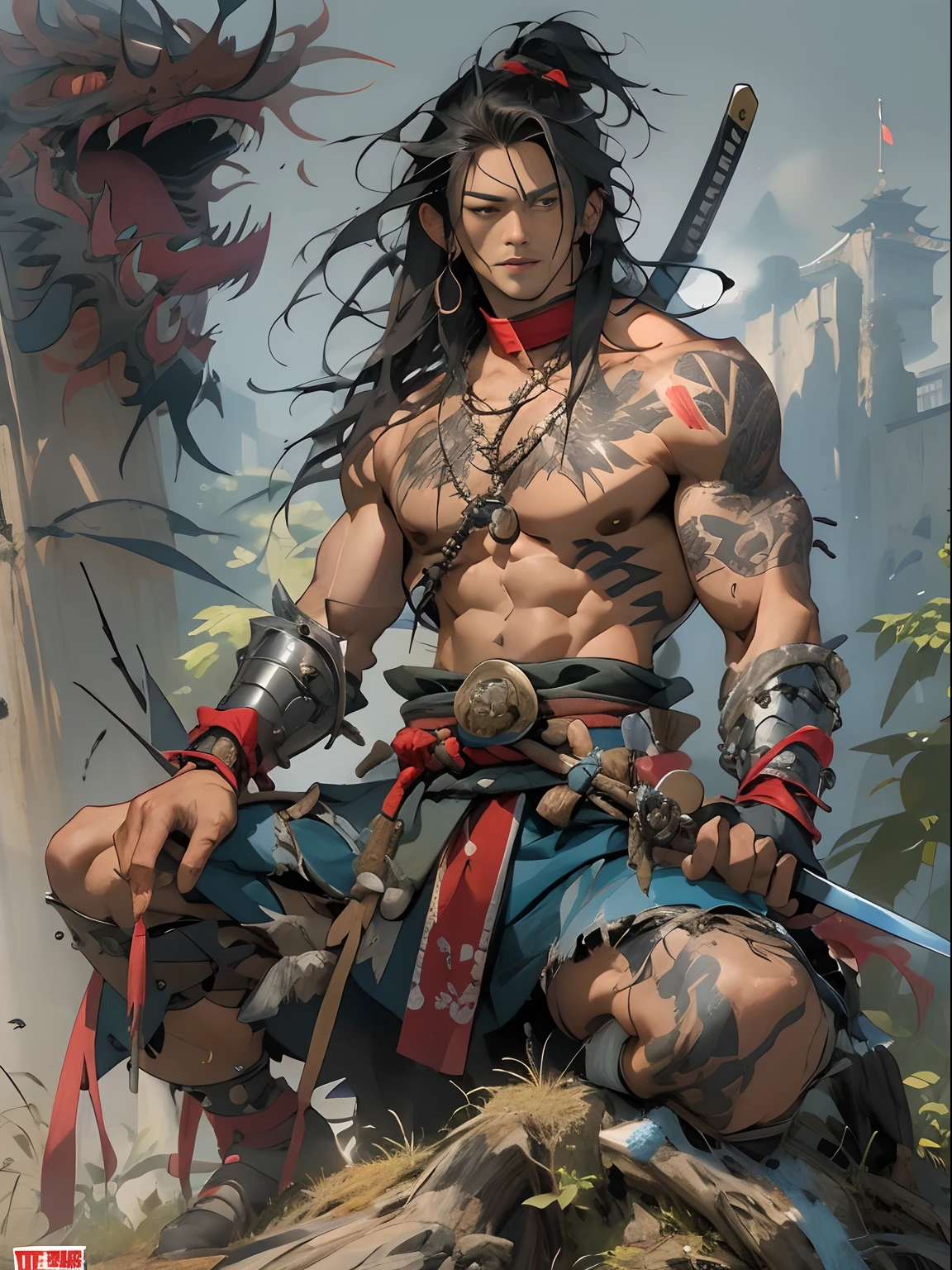 (((mtu))), (((best qualityer))), (((tmasterpiece))), (((AS-Adult))), ((( Japanese ))), Look up from your knees, Handsome Asian samurai,perfect body figure, Modern samurai, ((( Asian))), Wear gloves on your hands,The left arm is made of steel and metal tips,Made of protective devices, The eyes are pulled, (( Appears below the chest )), (( Small dental floss )), Simon Bisley, Almost naked(Simon Bisley)Castle City Wilderness,For high-resolution posters, hair straight, Minimum clothing, armure (Crazy clothes ), Full of tips and rivets, tribal tattoos, (((full bodyesbian))), Straight brunette hair,Colored hair ends