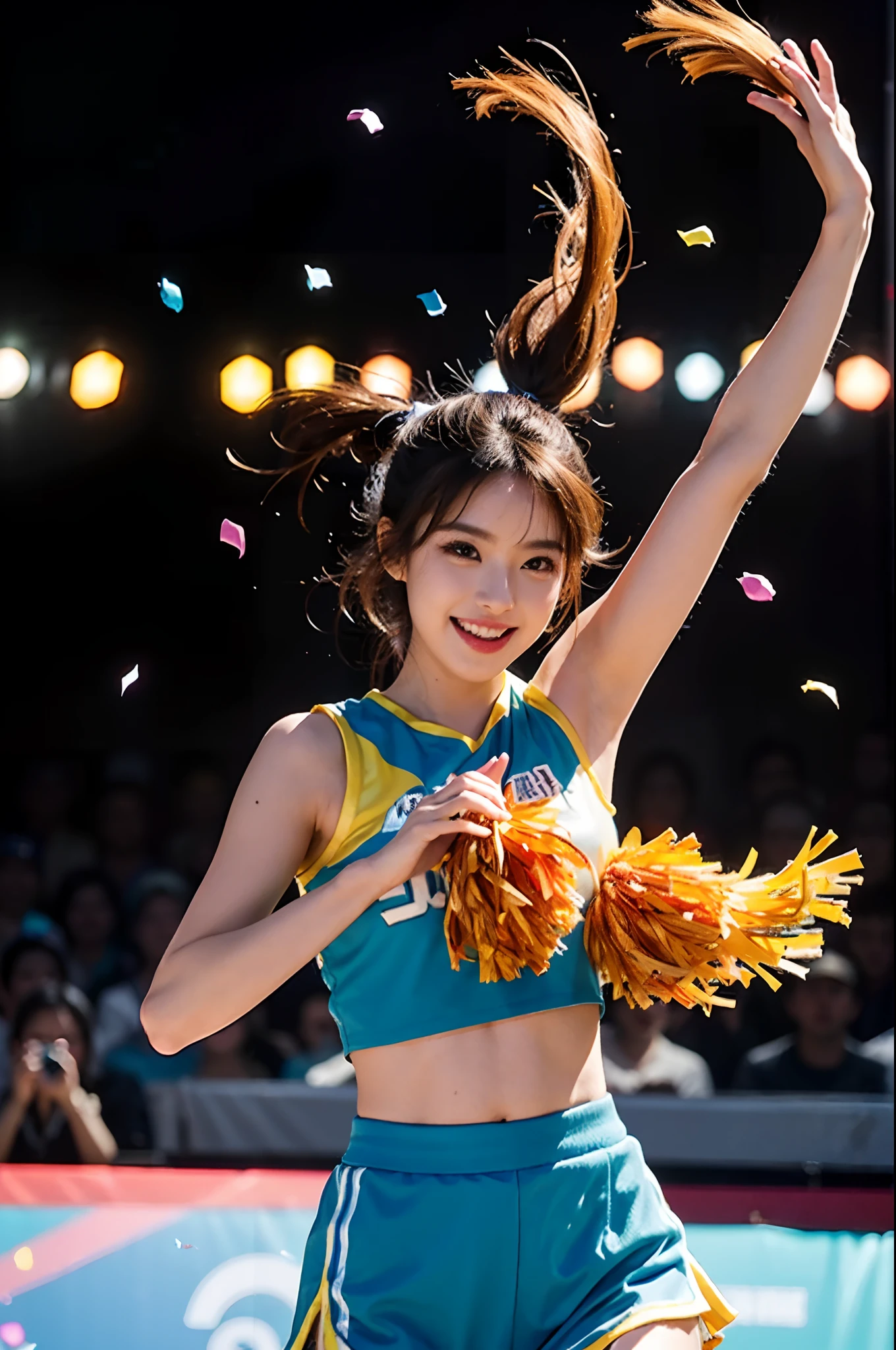Beautiful Korean idol cheerleader
posters,Painting,high resolution,Ultra-detailed,Realistic:1.37,Vivid colors,hdr,Studio lighting,Sharp focus,
Dance energetically,Smiling happily,Perfect makeup,Stunning costumes,
crowd cheering,exciting atmosphere,dynamicposes,Expressive movements,
Beautiful hair,Sparkling eyes,rosycheeks,full pouty lips,
Colorful pompoms,Flying confetti,Glowing spotlights,
Engaging performance,Spirited cheers,Unforgettable memories