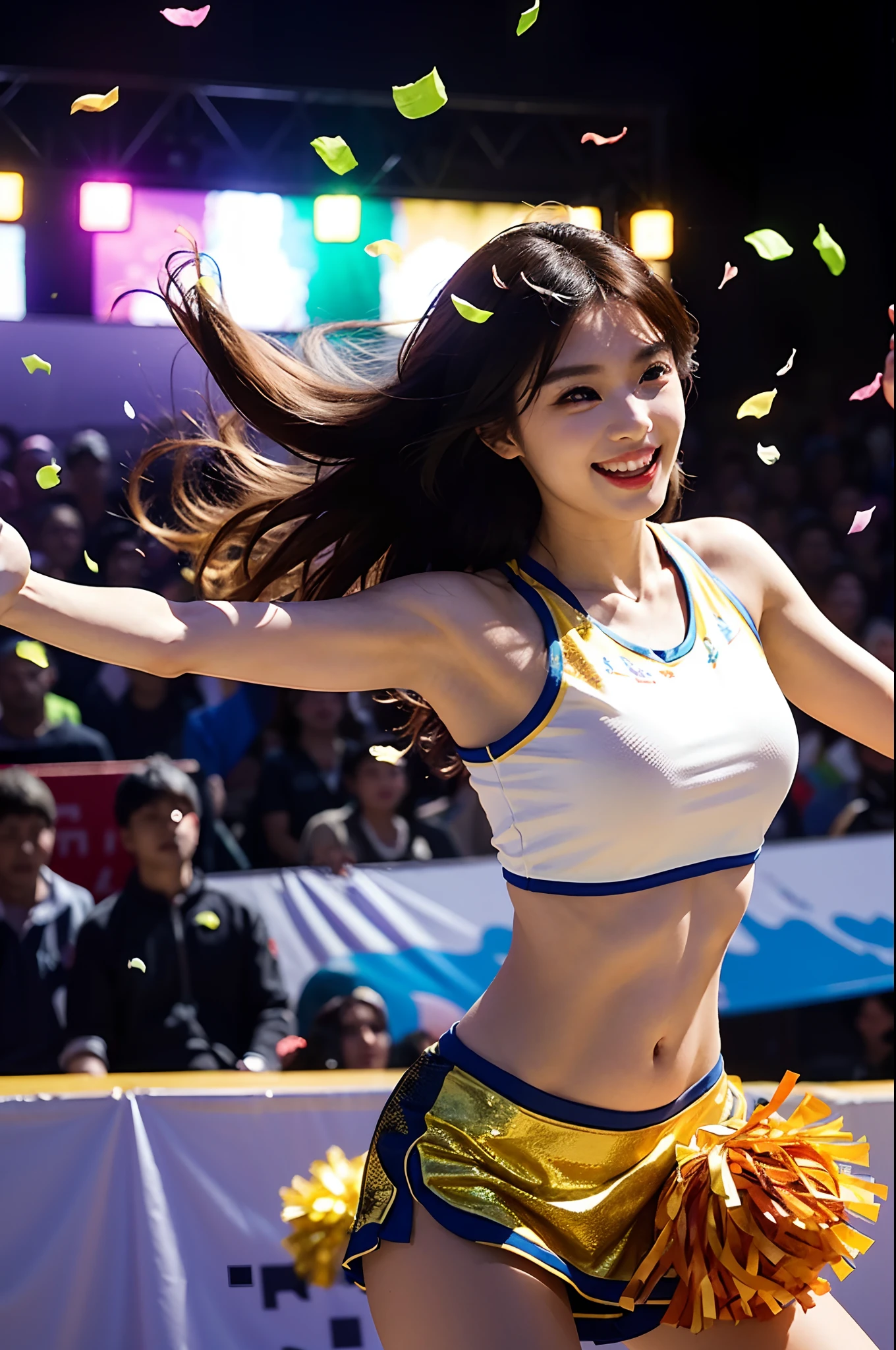 Beautiful Korean idol cheerleader
posters,Painting,high resolution,Ultra-detailed,Realistic:1.37,Vivid colors,hdr,Studio lighting,Sharp focus,
Dance energetically,Smiling happily,Perfect makeup,Stunning costumes,
crowd cheering,exciting atmosphere,dynamicposes,Expressive movements,
Beautiful hair,Sparkling eyes,rosycheeks,full pouty lips,
Colorful pompoms,Flying confetti,Glowing spotlights,
Engaging performance,Spirited cheers,Unforgettable memories