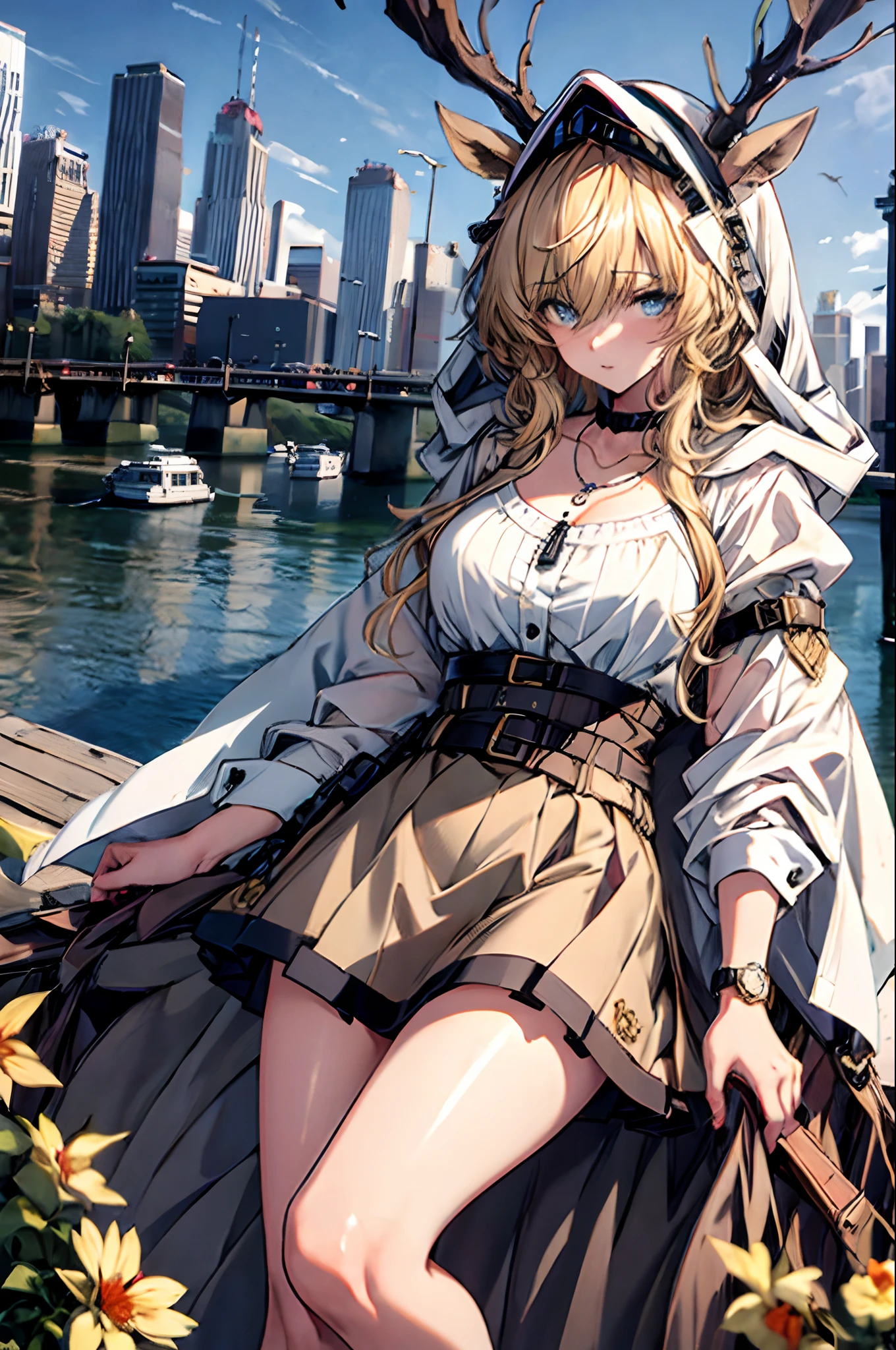 Stable Diffusion prompt: (masterpiece:1.2),(incredibly surreal),(best quality),(high-resolution),(highly detailed),(CG unity 8k wallpaper),1 girl, blonde hair, messy hair, curly hair, shirt, skirt, riverbank, jk fashion, flushed cheeks, wristwatch, necklace, cityscape, 8K original photograph, ultra-high resolution, maximum detail, intricate, high-density imagery.