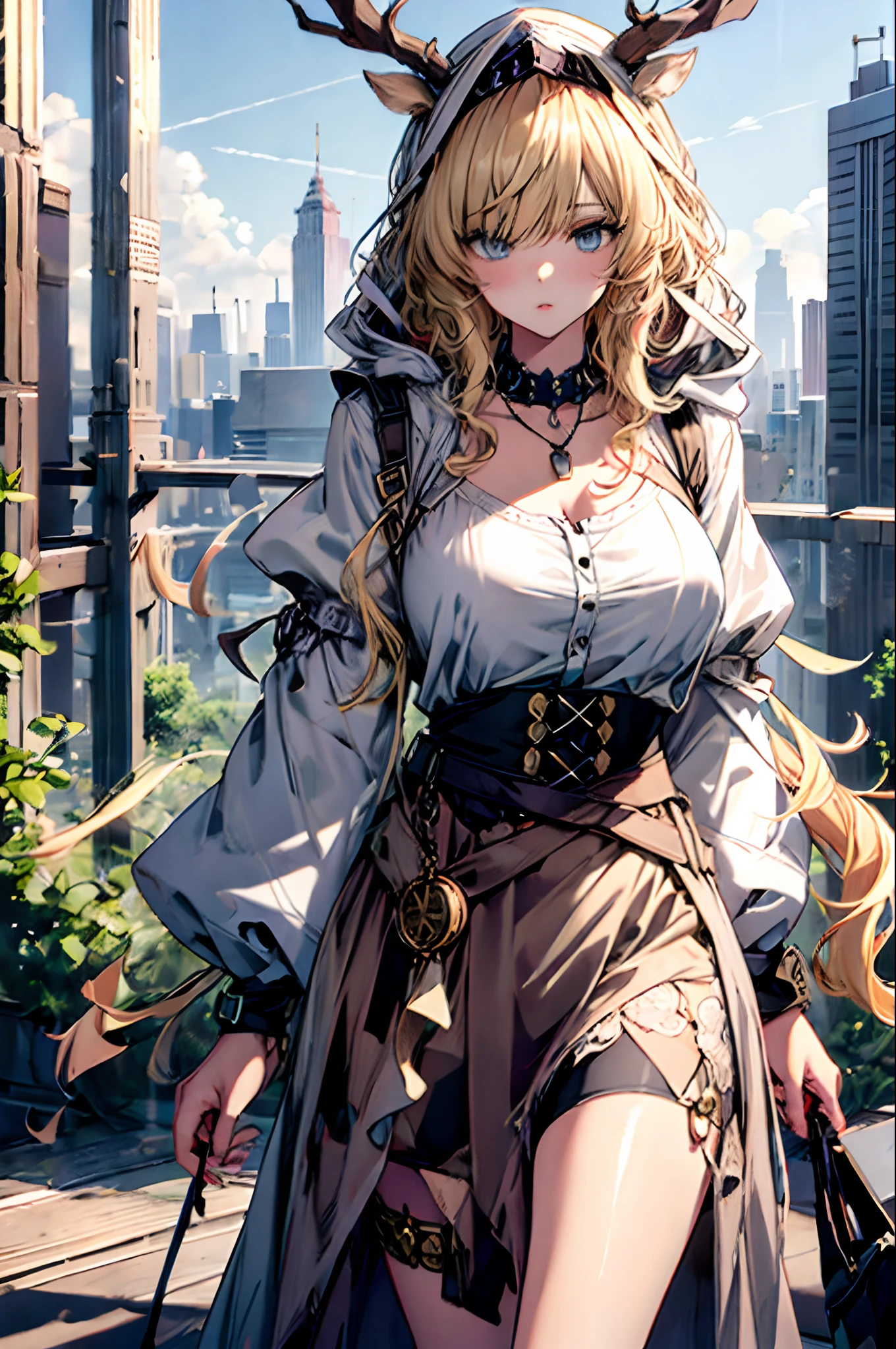 Stable Diffusion prompt: (masterpiece:1.2),(incredibly surreal),(best quality),(high-resolution),(highly detailed),(CG unity 8k wallpaper),1 girl, blonde hair, messy hair, curly hair, shirt, skirt, riverbank, jk fashion, flushed cheeks, wristwatch, necklace, cityscape, 8K original photograph, ultra-high resolution, maximum detail, intricate, high-density imagery.