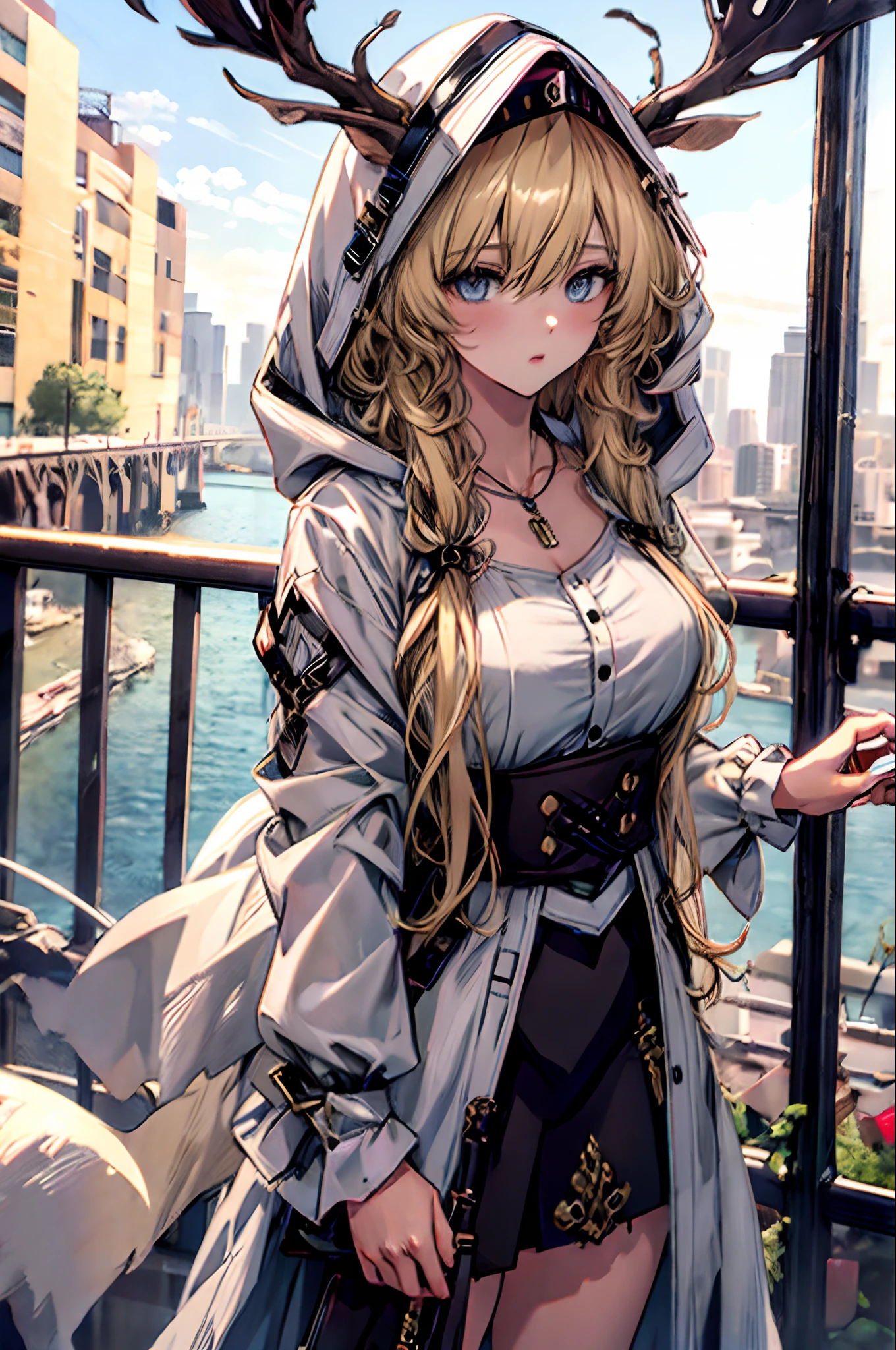 Stable Diffusion prompt: (masterpiece:1.2),(incredibly surreal),(best quality),(high-resolution),(highly detailed),(CG unity 8k wallpaper),1 girl, blonde hair, messy hair, curly hair, shirt, skirt, riverbank, jk fashion, flushed cheeks, wristwatch, necklace, cityscape, 8K original photograph, ultra-high resolution, maximum detail, intricate, high-density imagery.