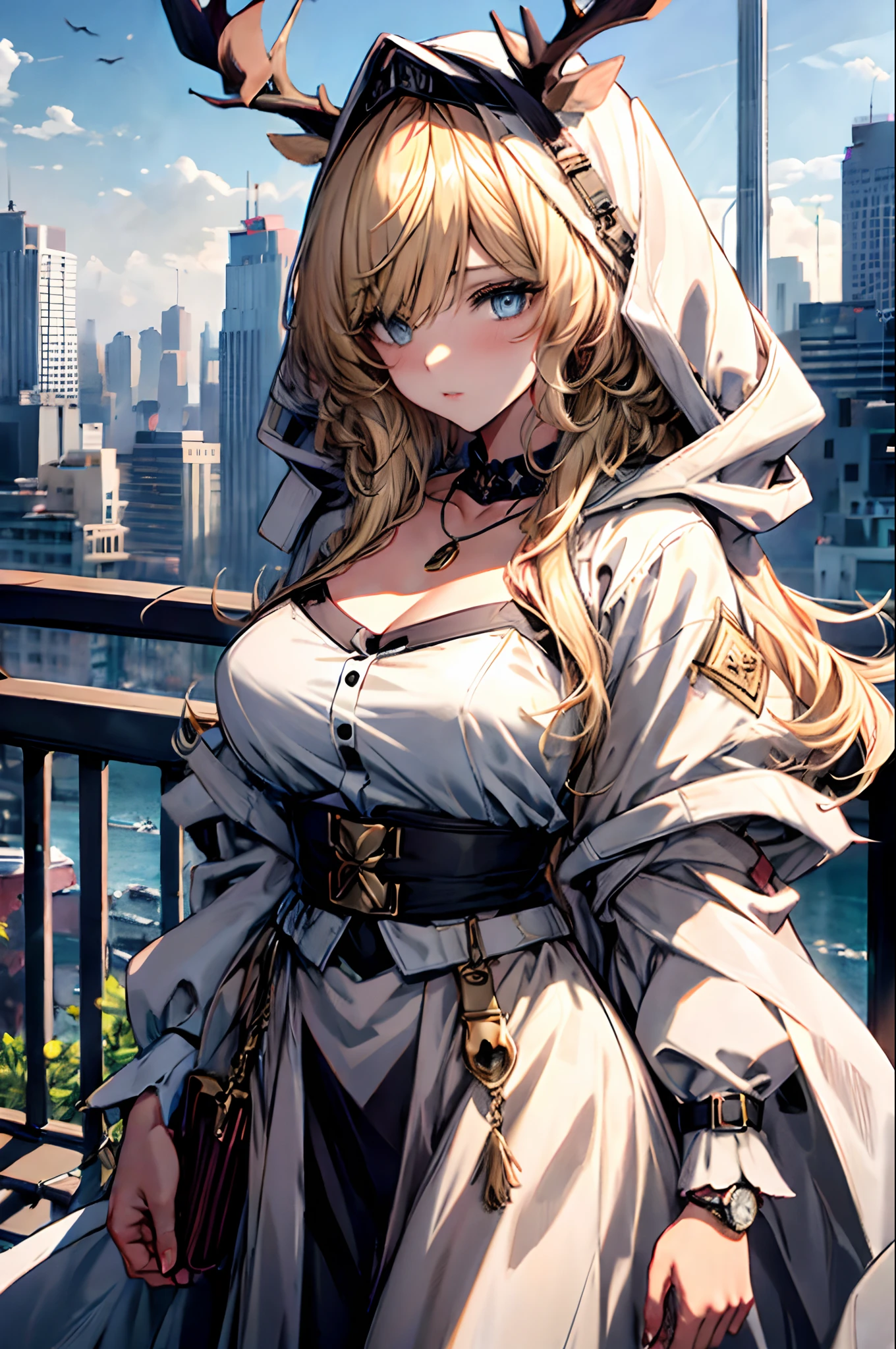 Stable Diffusion prompt: (masterpiece:1.2),(incredibly surreal),(best quality),(high-resolution),(highly detailed),(CG unity 8k wallpaper),1 girl, blonde hair, messy hair, curly hair, shirt, skirt, riverbank, jk fashion, flushed cheeks, wristwatch, necklace, cityscape, 8K original photograph, ultra-high resolution, maximum detail, intricate, high-density imagery.