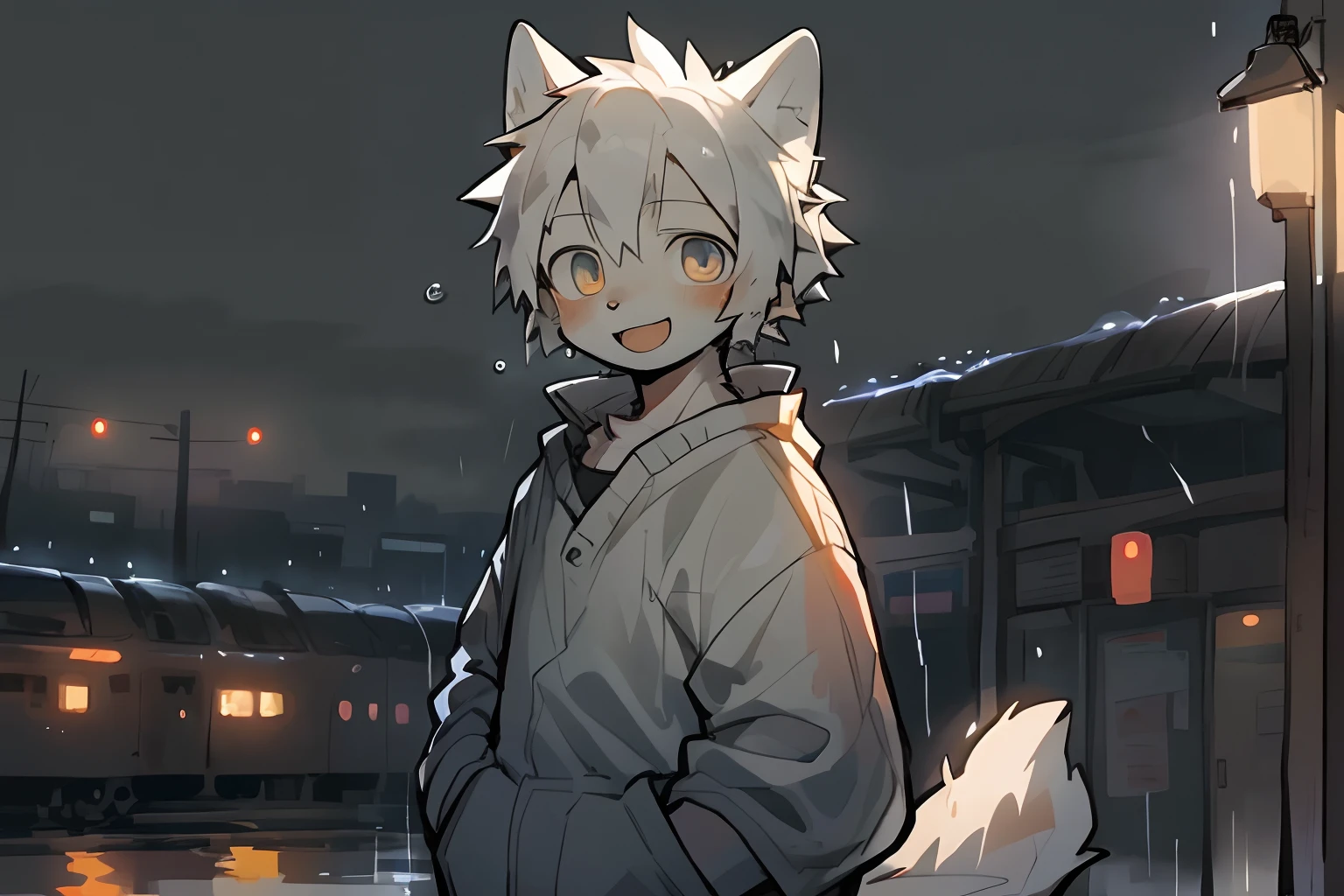 masterpiece, best quality, perfect anatomy, bright eyes, watery eyes, by milkytiger1145, by k0bit0wani, furry, wolf, (felis:0.25), male, solo, baggy clothing, (open smile:1.1), gentle, looking at viewer, train station, rain, (waterdrop:0.9), grey sky, raining, (fog:0.4),by Pino Daeni, canyne khai, milkytiger1145, Dagasi, Yupa,
