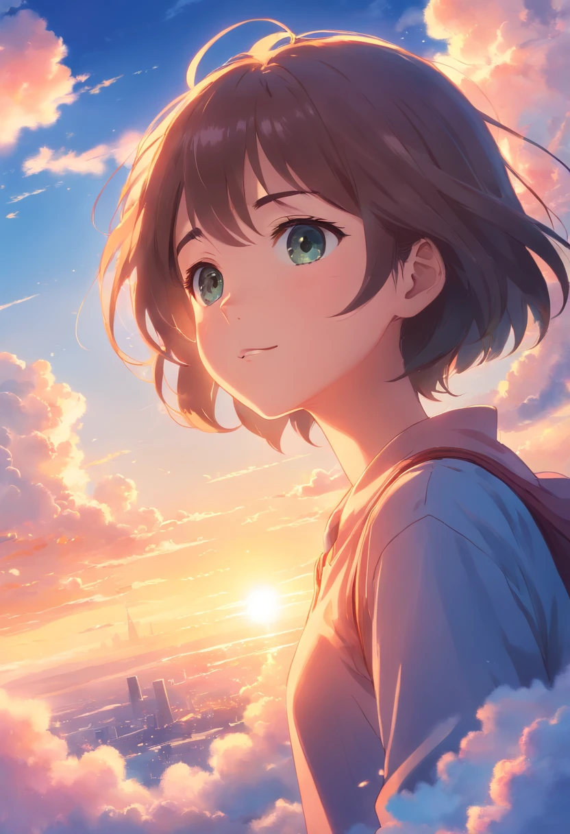 masterpiece, best quality, movie still, 1girl, cloud girl, floating in the sky, close-up, bright, happy, warm soft lighting, sunset, (sparks:0.7)