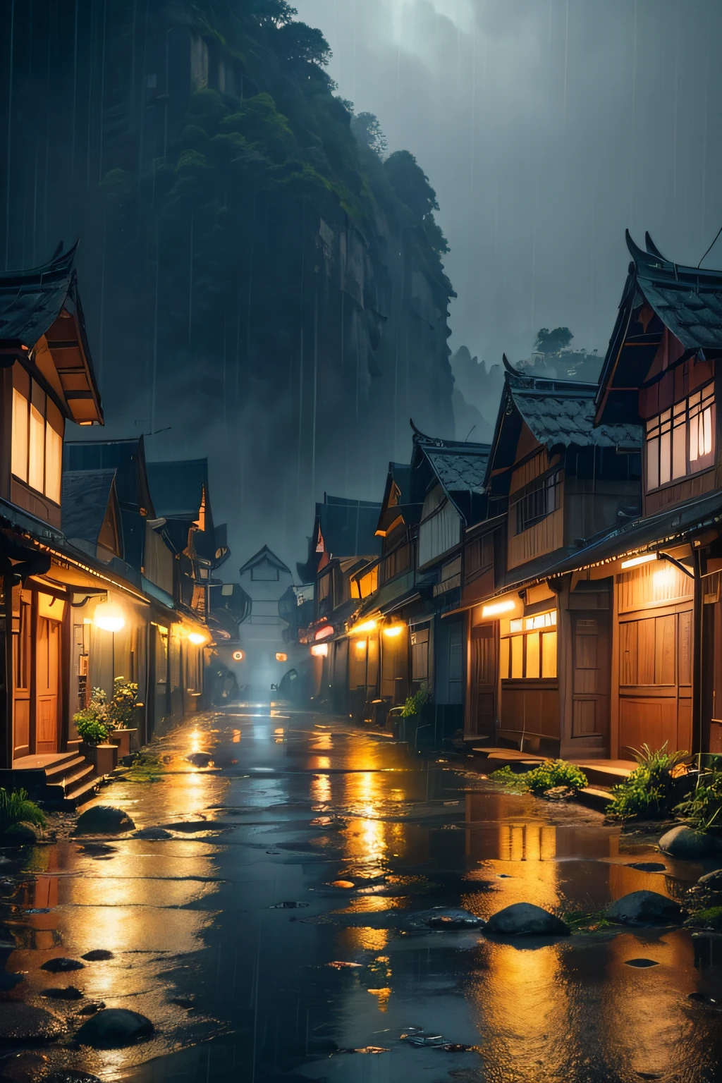 beautiful village scenery with lots of light in its buildings, beautiful city of bandung, Bandung village, amazing wallpaper, Bandung city, Bandung village, very realistic City Photos, natural village, Bandung City, rainy night, cyberpunk Sundanese traditional house, beautifully illuminated buildings, at night when it rains, beautiful and aesthetic, photography, cinematic, 8k, high detail ((heavy rain)))