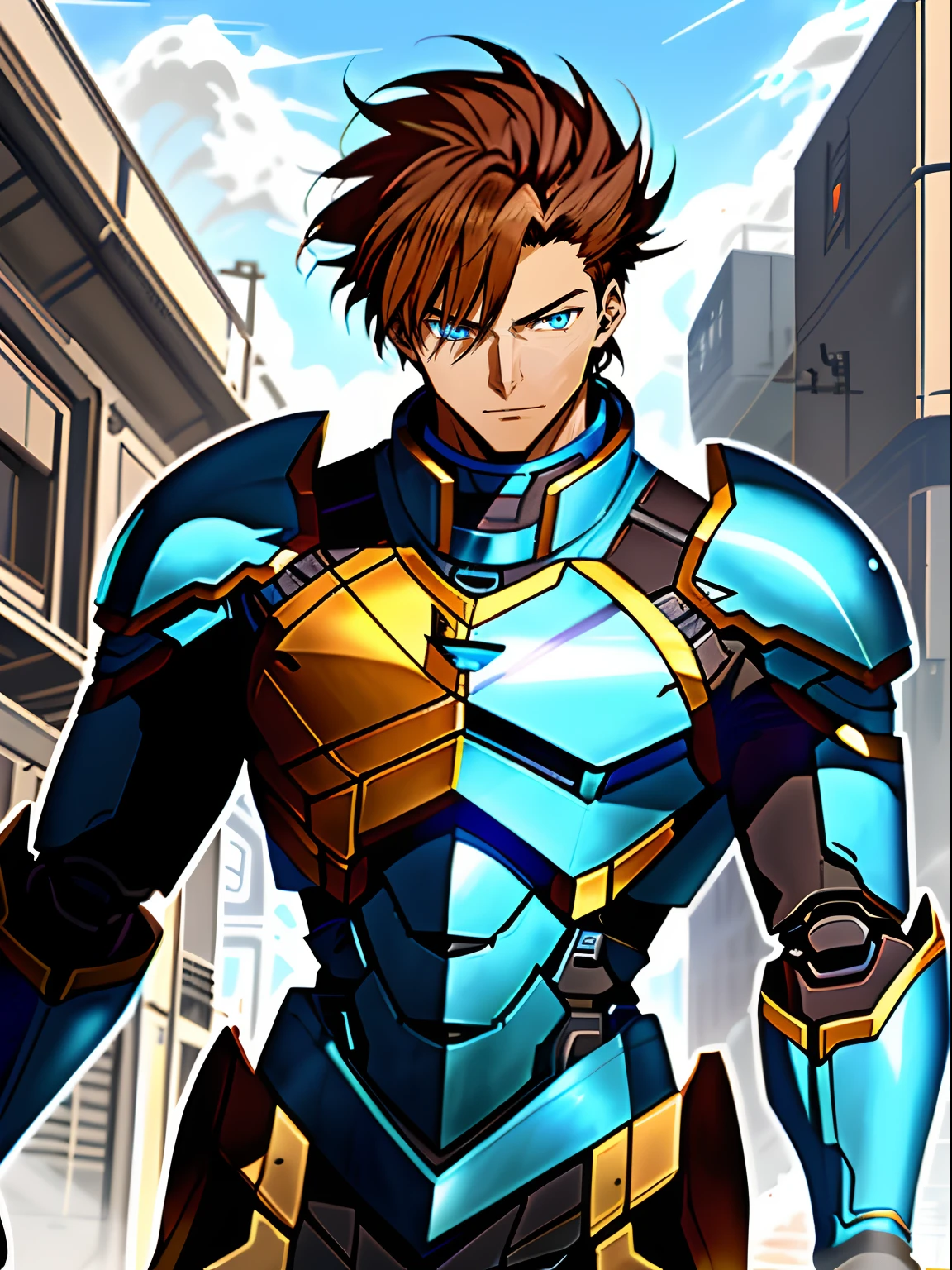 Blue mechanical armor for male anime characters with futuristic looks,brown hair,with brown eye, Blue mechanical armor, official character art, Tall anime guy with blue eyes, offcial art,, Covered with technical armor