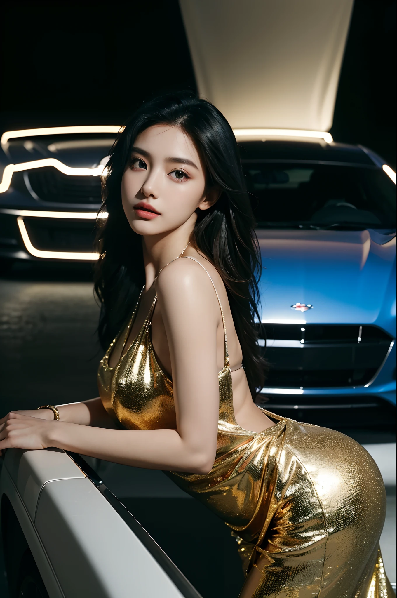 (Best quality,4K,8K,A high resolution,Masterpiece:1.2),Ultra-detailed,(Realistic,Photorealistic,photo-realistic:1.37),Car model,korean beautifull girl,mesmerizing looks,stunning features,Perfectly styled hair,Beautiful eyes with long eyelashes,Full and luscious lips,Flawless complexion,slim and toned body,Wear stylish and elegant dresses,Show yourself confidently in front of a luxury sports car,The brilliant lights highlight her beauty,Bright colors enhance the overall image,Studio setup with professional photography techniques,Showcasing the perfect combination of beauty and automotive craftsmanship.