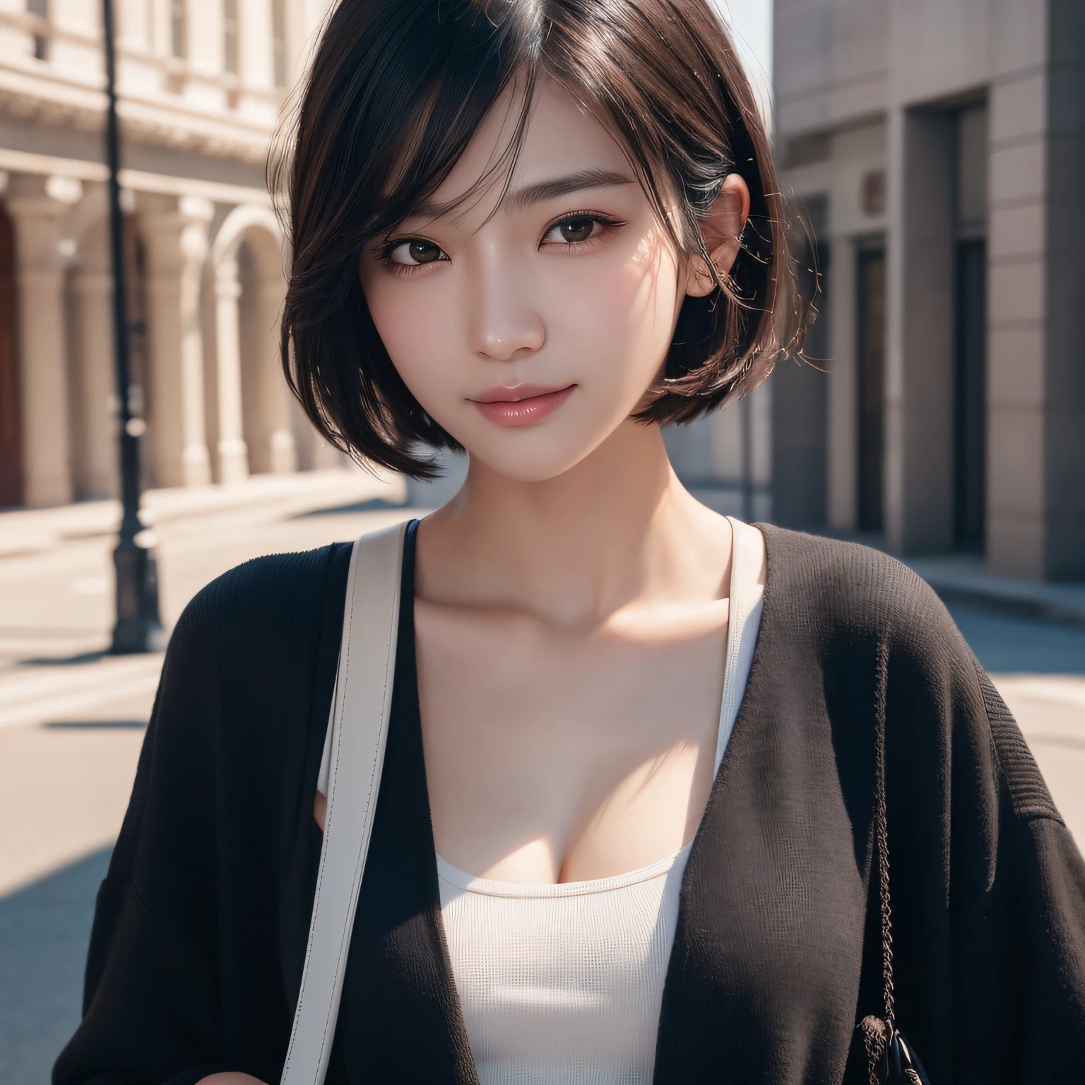 1 girl, short black hair, full body shot, brown eyes, style fashion clothes, city, absurdess, high res, ultrasharp, 8K, masterpiece, looking at viewer, nationality Korean, smiling sexy, with a prada handbag, high resolution, fine detail, face line, (Realistic, Photorealistic: 1.37), Professional lighting, Photon mapping, Radiosity, Physically Based Rendering, Rich Detail, (Fine Face),(Fine Eyes), (Clear Face), (Detailed Face Description), (Detailed Hand Description), Extreme Light and Shadow, Shiny Skin,