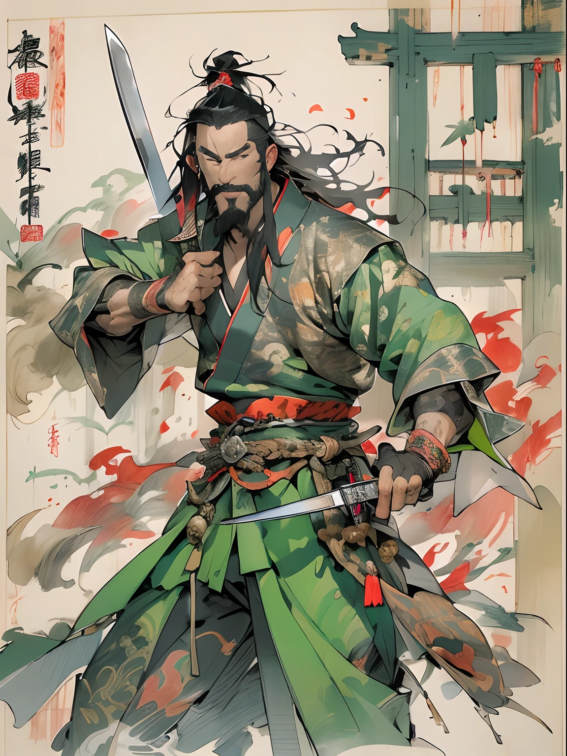 (((China-style,Ink painting method,Half-length portrait,Intense color,Han dynasty, China,Hanfu,Armor,Guan yu,Guan Yunchang,of a guy,Ruddy killing square face,Hold it with your right hand(Close the knife)Qinglong Weir Moon Knife,Stroke your beard with your left hand,Long hair,petty eyes,Green robe))), (((best qualityer))), (((tmasterpiece))), (((AS-Adult))), ((( Japanese ))), Look up from your knees, Handsome Asian samurai,perfect body figure, Modern samurai, ((( Asian))), Wear gloves on your hands,The left arm is made of steel and metal tips,Made of protective devices, The eyes are pulled, (( Appears below the chest )), (( Small dental floss )), Simon Bisley, Almost naked(Simon Bisley)Castle City Wilderness,For high-resolution posters, hair straight, Minimum clothing, armure (Crazy clothes ), Full of tips and rivets, tribal tattoos, (((full bodyesbian))), Straight brunette hair,Colored hair ends