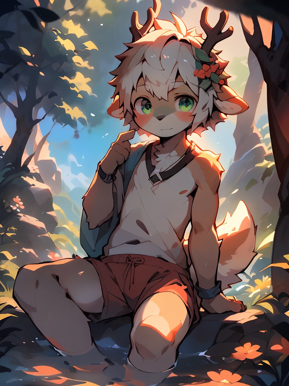tmasterpiece,Best quality at best,gauss,Realistis, 1boys,malefocus,独奏, (Fine and detailed eyes and detailed face) , (Handsome face) , (Perfect anatomy) ,thick bushy eyebrows,short detailed hair,Very Fine Detail, 4K , 8K ,cinematric light,stunning art,lindo cenario , (The deer bathe in clear mountain springs) , (Blue or white or red sexy panties) ,Sports bracelet,dampness,The tree,rios,short detailed hair,ssee-through,Colorful light,is shy,correct hand,Beautiful flowers and green leaves,deer antlers,Deer Boy,toddlers,by Pino Daeni, canyne khai, milkytiger1145, Dagasi, Yupa,