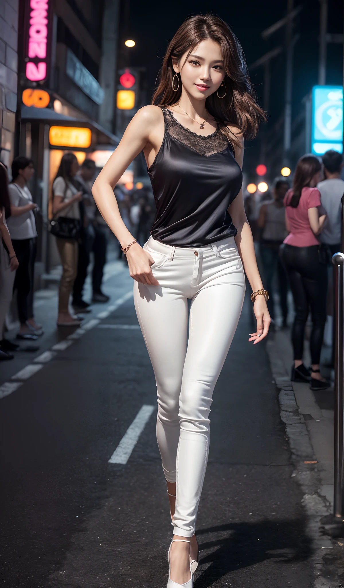 8K, Masterpiece, RAW photo, Best quality, Photorealistic, Extremely detailed CG unified 8K wallpapers, Depth of field, Cinematic light, Lens flare, Ray tracing, (Extremely beautiful face, Beautiful lips, Beautiful eyes), intricate detail face, ((ultra detailed skin)) 1girll, In the dark, deepshadow, Pretty Korean girl, Kpop idol, 1 girl, (Very slim and slender muscular body:1.3), ((full bodyesbian)),((Long legs)), ((view the viewer)),(Big smile:1.3), (Tight lace-up blouse), (Pink shirt), (Sleeveless) , (Fashion night, Dark night, (neon lights sign), (Blurred background), Fashion Street Night),(No one is in the background:1.3), Beautiful earrings, bangle, necklace, Pantyhose, Clear eyes, (Pale skin), (Big eyes), Face forward, ((full body shot shot)), ((Silk white tight trousers:1.3)),（big assa），(brown hairs),((Skinny silk pants)),（big assa）， (view the viewer:1.3) open breast, Very slim, Medium breasts, Turn Back, Back shot, , underwear
