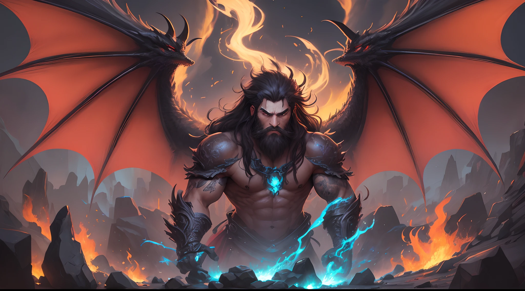 extremely detailed illustration of a mystic dragon man with long dark hair, (short beard) wearing dark robes, antropomorphic dragon man, black dragon wings, vector art, cartoon, in a fire dungeon, estalactites, rocks, whimsical, beautifully detailed envionment, video games, JRPG, 32k resolution, best quality possible --auto --s2