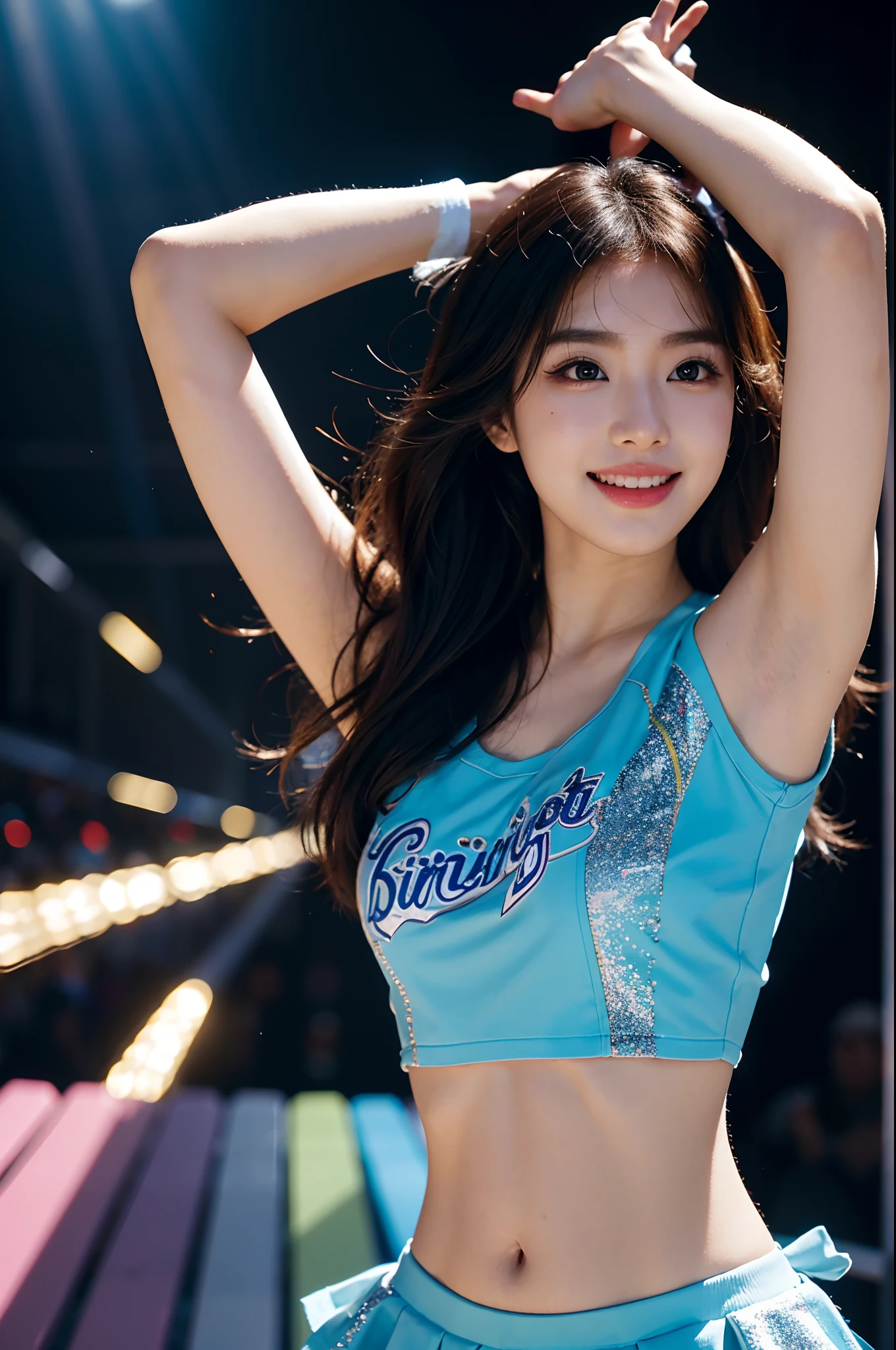 Beautiful Korean idol cheerleader
posters,Painting,high resolution,Ultra-detailed,Realistic:1.37,Vivid colors,hdr,Studio lighting,Sharp focus,
Dance energetically,Smiling happily,Perfect makeup,Stunning costumes,
crowd cheering,exciting atmosphere,dynamicposes,Expressive movements,
Beautiful hair,Sparkling eyes,rosycheeks,full pouty lips,
Colorful pompoms,Flying confetti,Glowing spotlights,
Engaging performance,Spirited cheers,Unforgettable memories