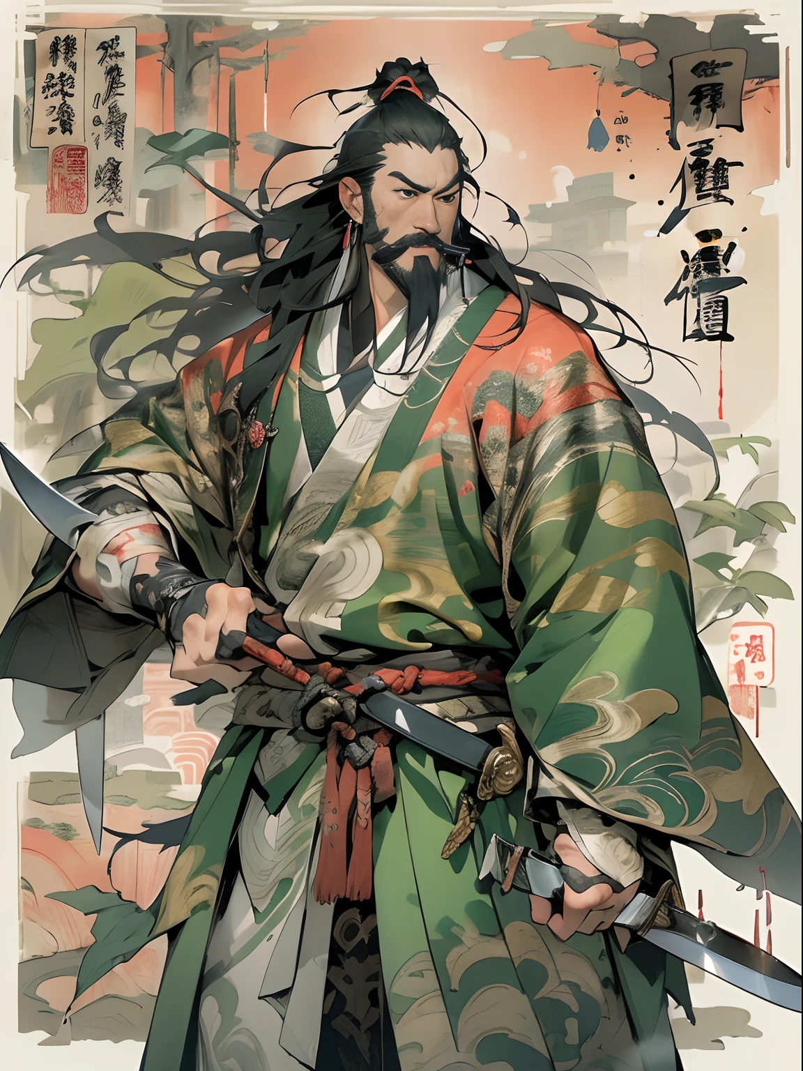 (((China-style,Ink painting method,Half-length portrait,Intense color,Han dynasty, China,Hanfu,Armor,Guan yu,Guan Yunchang,of a guy,Ruddy killing square face,Hold it with your right hand(Close the knife)Qinglong Weir Moon Knife,Stroke your beard with your left hand,Long hair,petty eyes,Green robe))), (((best qualityer))), (((tmasterpiece))), (((AS-Adult))), ((( Japanese ))), Look up from your knees, Handsome Asian samurai,perfect body figure, Modern samurai, ((( Asian))), Wear gloves on your hands,The left arm is made of steel and metal tips,Made of protective devices, The eyes are pulled, (( Appears below the chest )), (( Small dental floss )), Simon Bisley, Almost naked(Simon Bisley)Castle City Wilderness,For high-resolution posters, hair straight, Minimum clothing, armure (Crazy clothes ), Full of tips and rivets, tribal tattoos, (((full bodyesbian))), Straight brunette hair,Colored hair ends