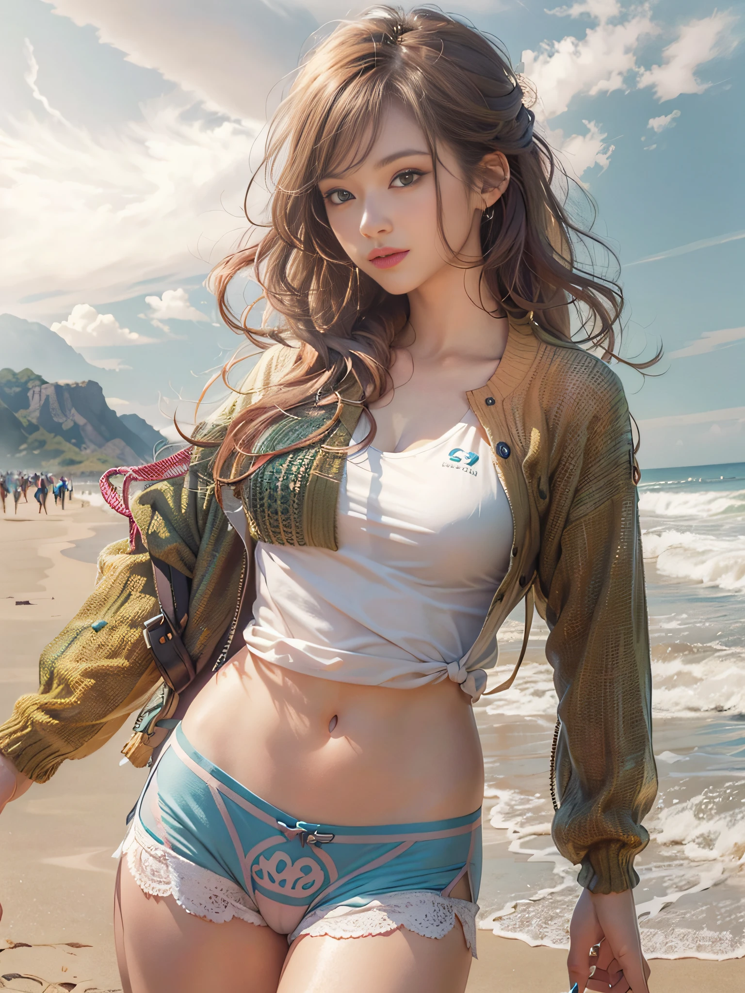 masutepiece, (Best Quality:1.4), realisitic, Highly Detailed CG Unified 8k Wallpaper, ighly Details, High Definition RAW Color Photography, professional photoshooting, realistic portrait, Cinematic light, beautiful detail, 25yo female, half-open lips,pubic-hair, Cameltoe Details, beautiful backgrounds, Futurism, sparkle, Body-revealing lingerie underwear,bobby socks,Girl hairstyle random, Sorrisos,perfect body proportions, 1woman, A beautiful woman who emphasizes slender abs: 1.3, (casual hairstyle, large full breasts: 1.2),
on the beach, She wears a bikini style that raises her waist high to make her legs look longer and slimmer,