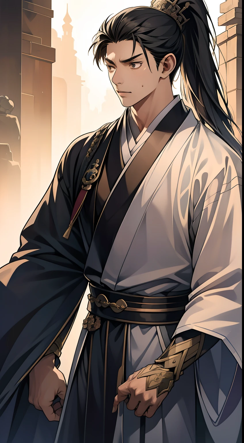 quadratic element，style of anime，mtu（Male Warrior），The proportions are correct，Face details，swordsmen，High ponytail hairstyle，Neck details，There is an Adam's apple，Black Hanfu，kaftan，Embroidered robes，Black robe，clothes details，Handing over，longer sleeves，Game quality，Swordsmanship，Light and shadow tracking，Ray traching，detailed glow，cg render，hair detail，cabelos preto e longos，Black eyes，Handsome，Handsome，（juvenile sense），Clothing is complicated，Perfectcomposition，Refinement，high qulity，higher details，Lots of details，The background is complex，a sense of atmosphere，