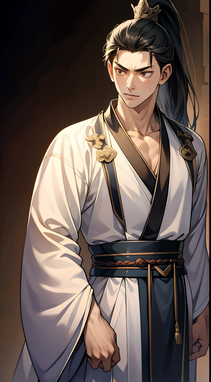 quadratic element,style of anime,mtu(Male Warrior),The proportions are correct,Face details,swordsmen,High ponytail hairstyle,Neck details,There is an Adam's apple,Black Hanfu,kaftan,Embroidered robes,Black robe,clothes details,Handing over,longer sleeves,Game quality,Swordsmanship,Light and shadow tracking,Ray traching,detailed glow,cg render,hair detail,cabelos preto e longos,Black eyes,Handsome,Handsome,(juvenile sense),Clothing is complicated,Perfectcomposition,Refinement,high qulity,higher details,Lots of details,The background is complex,a sense of atmosphere,