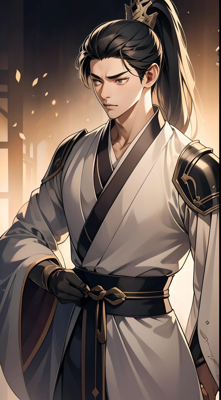 quadratic element，style of anime，mtu（Male Warrior），The proportions are correct，Face details，swordsmen，High ponytail hairstyle，Neck details，There is an Adam's apple，Black Hanfu，kaftan，Embroidered robes，Black robe，clothes details，Handing over，longer sleeves，Game quality，Swordsmanship，Light and shadow tracking，Ray traching，detailed glow，cg render，hair detail，cabelos preto e longos，Black eyes，Handsome，Handsome，（juvenile sense），Clothing is complicated，Perfectcomposition，Refinement，high qulity，higher details，Lots of details，The background is complex，a sense of atmosphere，