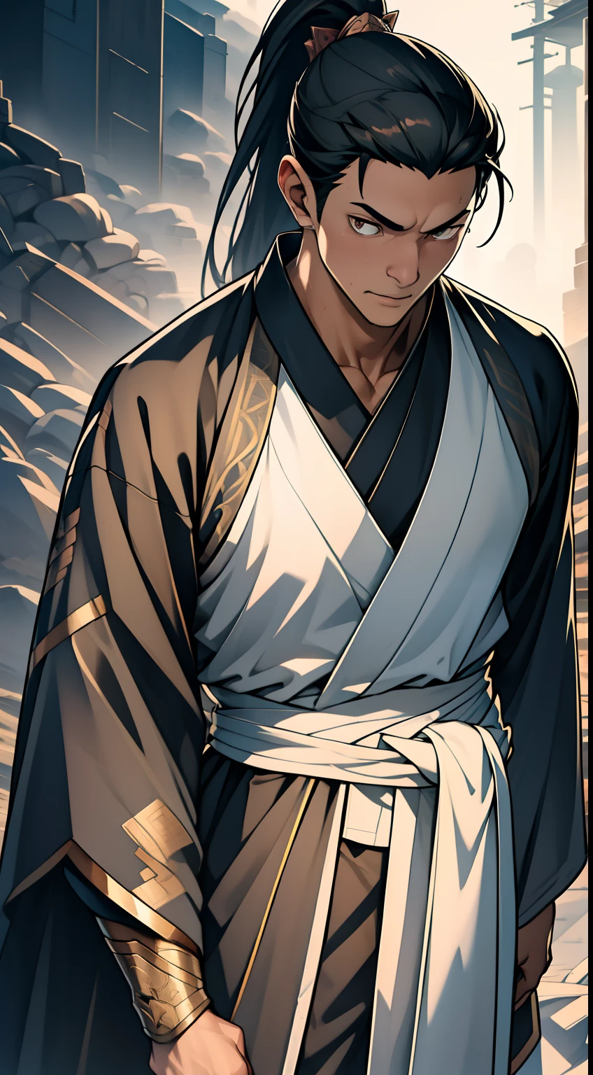 quadratic element,style of anime,mtu(Male Warrior),The proportions are correct,Face details,swordsmen,High ponytail hairstyle,Neck details,There is an Adam's apple,Black Hanfu,kaftan,Embroidered robes,Black robe,clothes details,Handing over,longer sleeves,Game quality,Swordsmanship,Light and shadow tracking,Ray traching,detailed glow,cg render,hair detail,cabelos preto e longos,Black eyes,Handsome,Handsome,(juvenile sense),Clothing is complicated,Perfectcomposition,Refinement,high qulity,higher details,Lots of details,The background is complex,a sense of atmosphere,