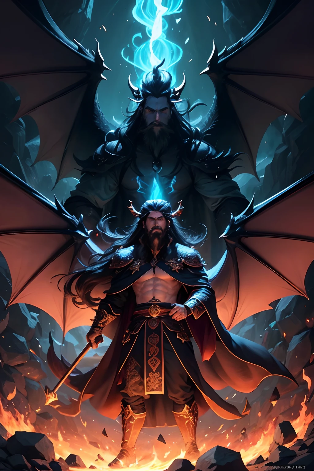 extremely detailed illustration of a mystic dragon man with long dark hair, (short beard) wearing dark robes, antropomorphic dragon man, black dragon wings, vector art, cartoon, in a fire dungeon, estalactites, rocks, whimsical, beautifully detailed envionment, video games, JRPG, 32k resolution, best quality possible
